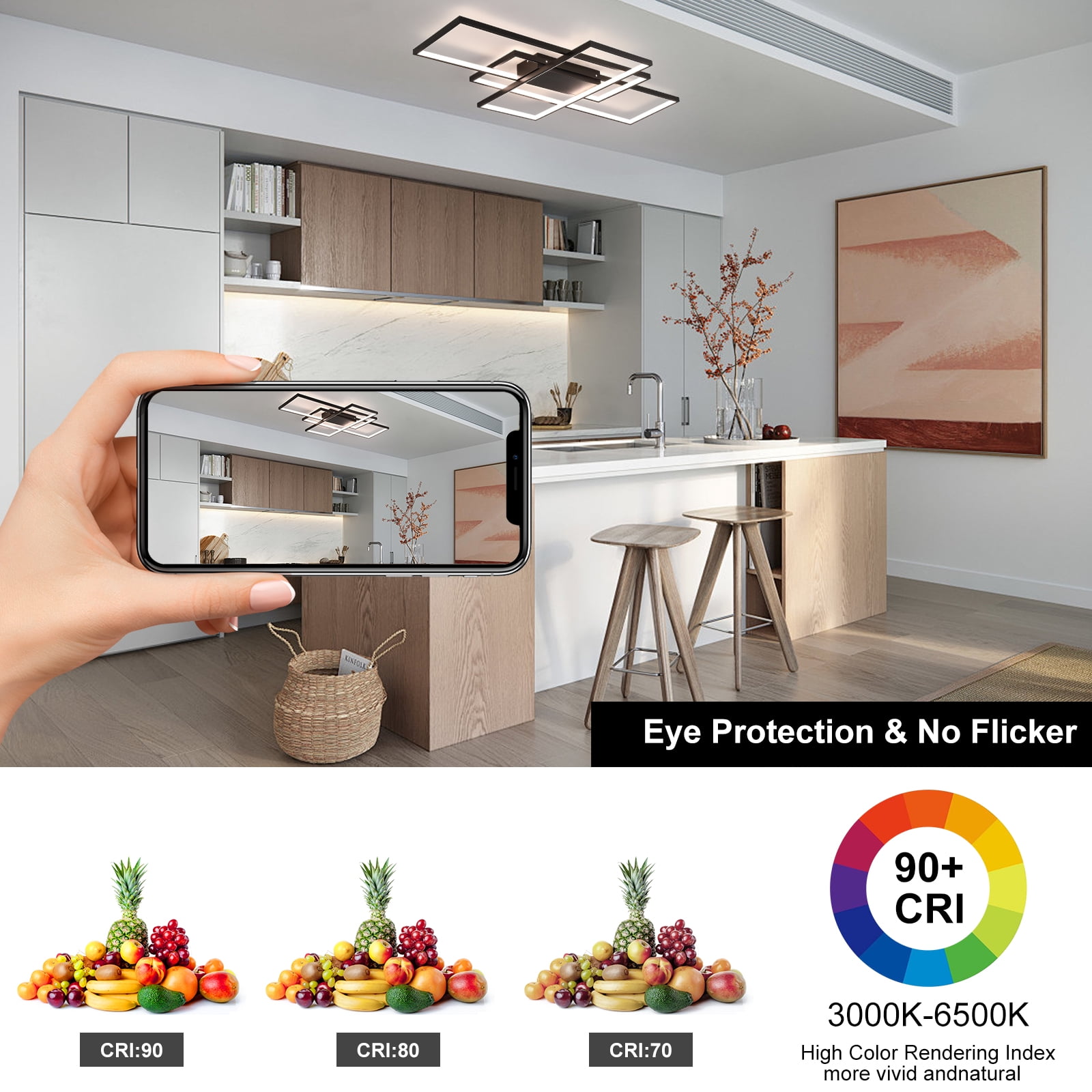 Garwarm Dimmable Ceiling Light, 3 Squares Modern LED Ceiling Lamps with Remote Control, 50W Acrylic Flush Mount Ceiling Light Fixture for Living Room Bedroom Kitchen(Black) - Image 11