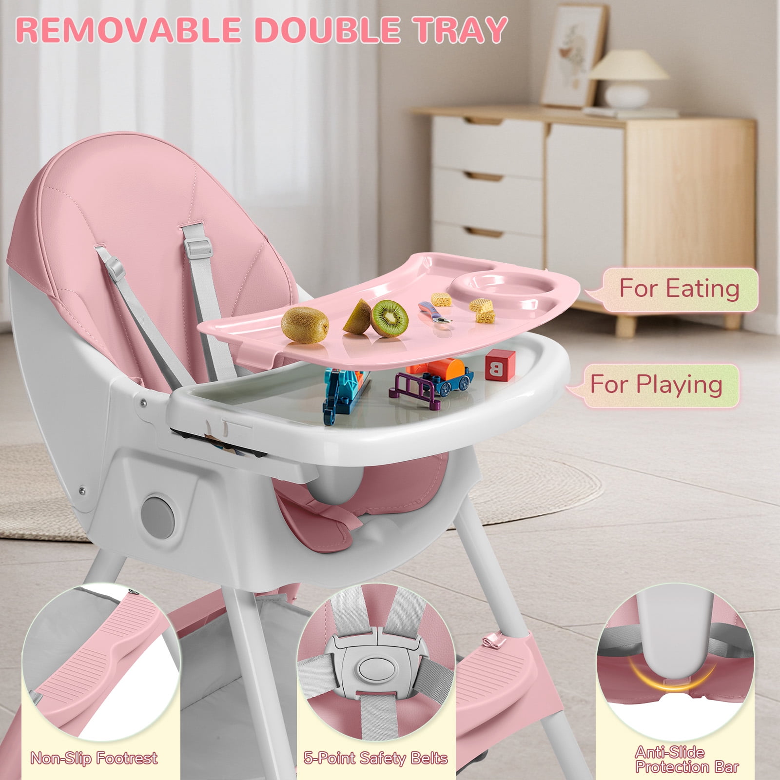 Ktaxon Baby High Chair, Convertible 6 in 1 High Chairs for Babies and Toddlers, Foldable Baby Highchair with 5-Point Safety Harness, Adjustable Dining Tray, Backrest & Height, Pink - Image 3