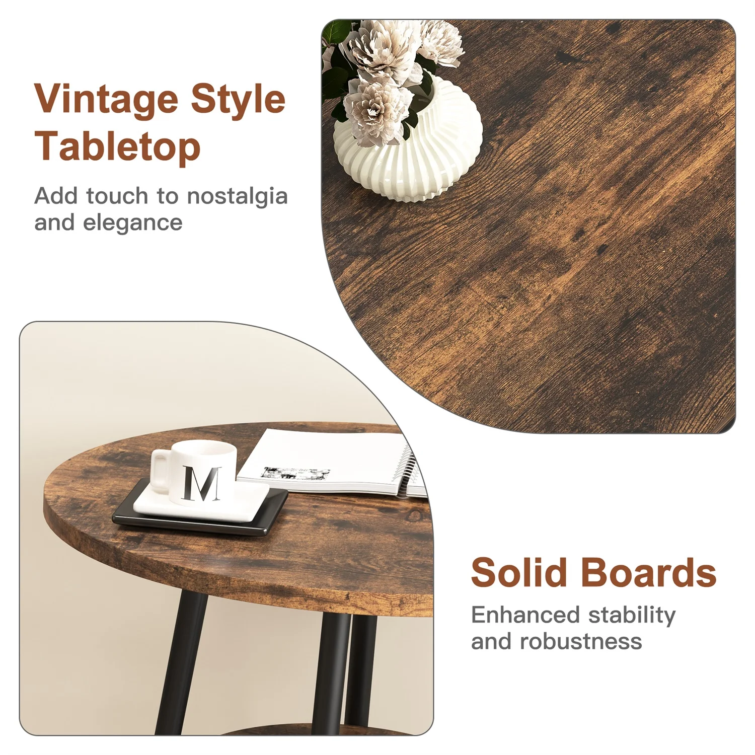 Hommoo 3-Piece Dining Round Table and Chairs Set, Industrial Bar Table Set Kitchen Table and 2 Stools on Breakfast Nook, Rustic Brown - Image 4