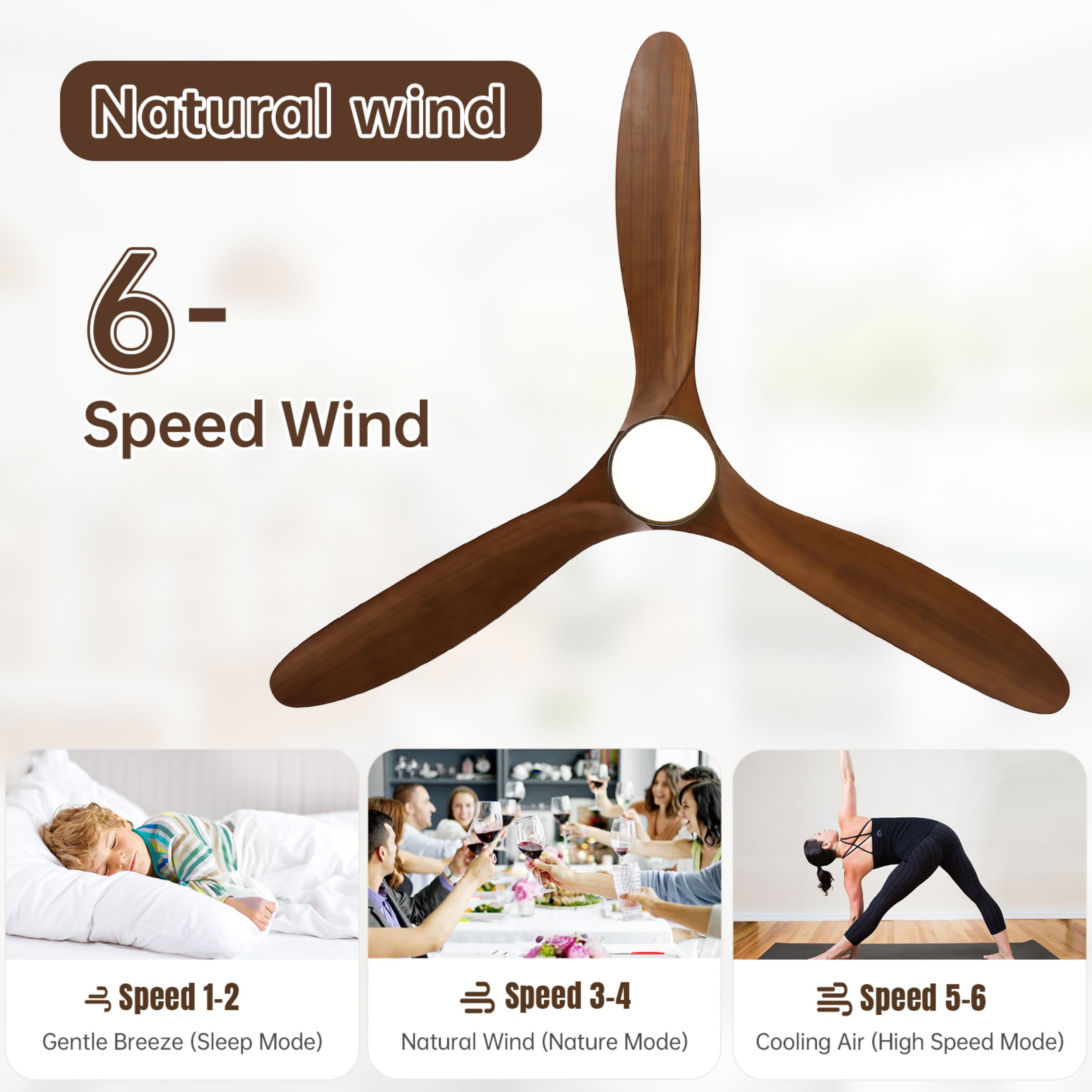 Sofucor 60-Inch Matte Black Ceiling Fan with Lights, Remote, Walnut Blades, Dimmable Light, Reversible DC Motor - Image 3