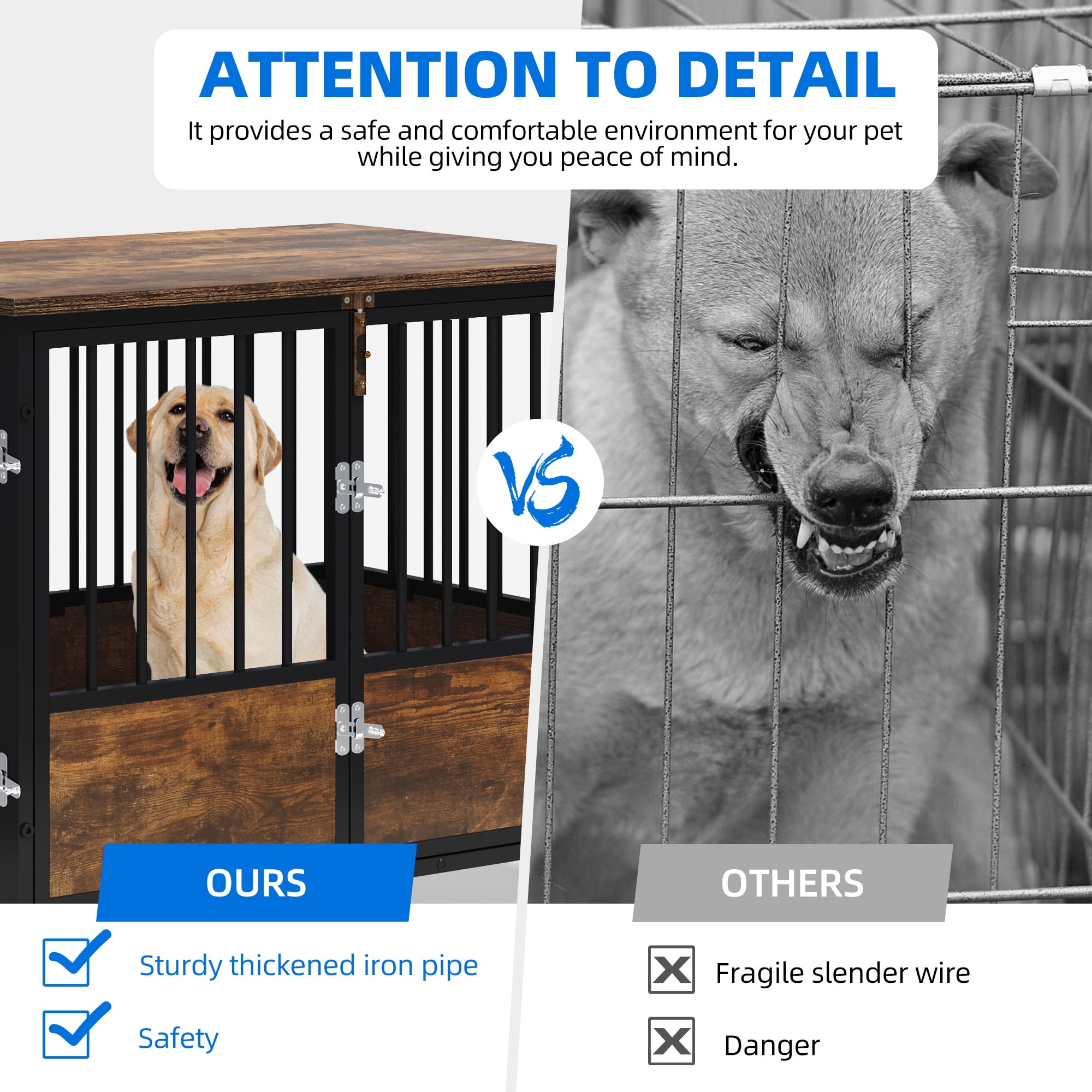 Dextrus Large Dog Crate Furniture with Wheels, 38in Rustic Heavy Duty Metal Dog Crate and Kennel for Small Medium Dogs - Image 5