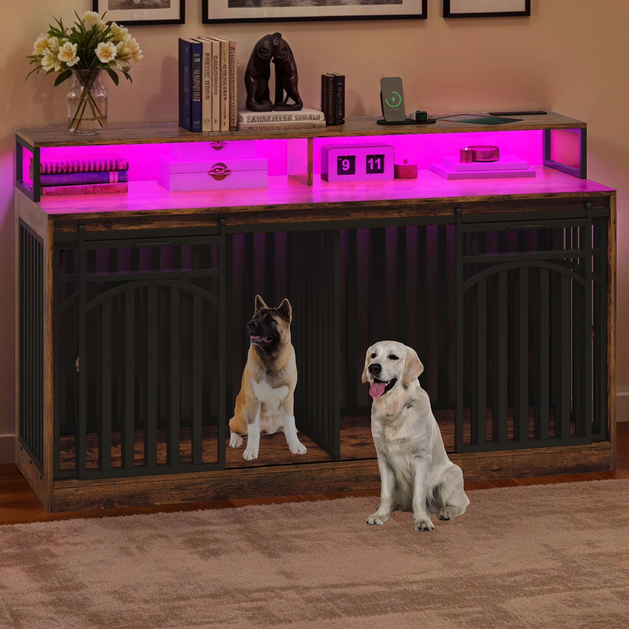 Uforic 71-Inch Heavy Duty Dog Crate TV Stand with LED Light, Power Outlets, and Storage Shelves for Medium to Large Dogs - Image 5