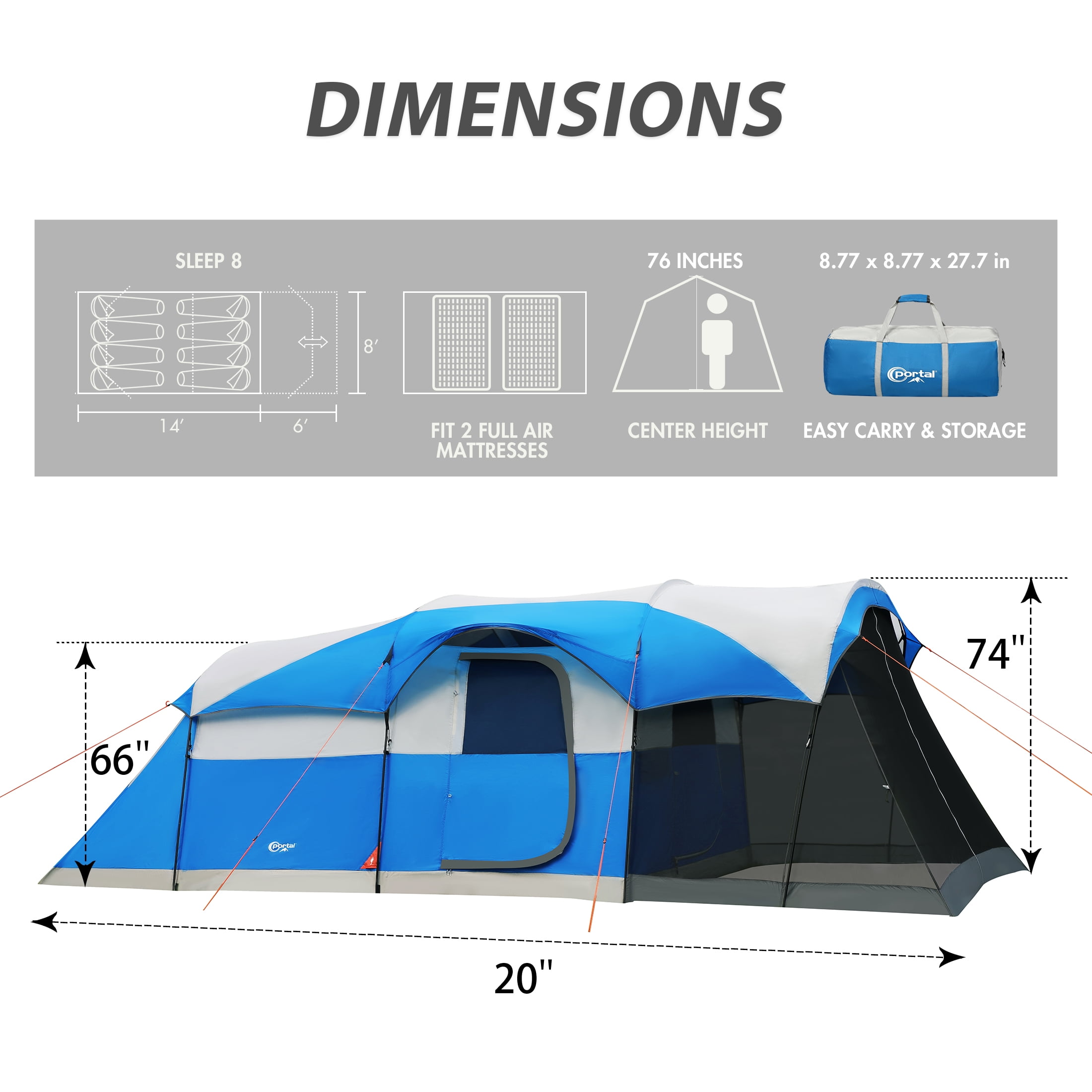 PORTAL 8 Person Family Camping Tent with Screen Porch, Portable Cabin Tent with Rainfly, 20ft * 8ft * 74in, Blue - Image 7