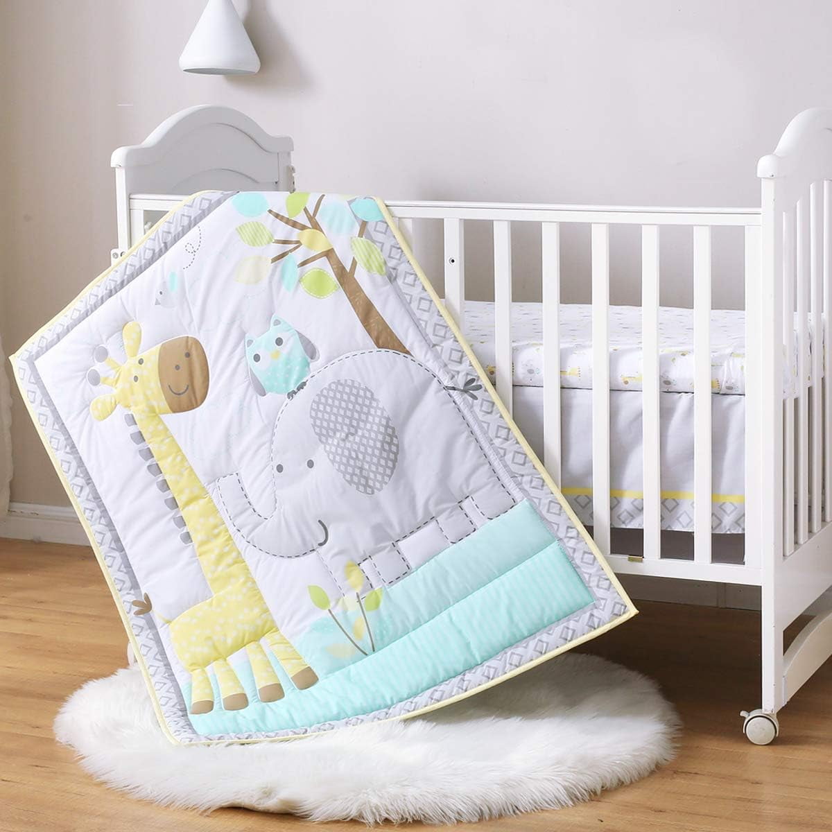 Sweet Baba Crib Bedding Set for boy Girl, 3-Piece Organic Cotton Baby Bedding Set, Portable Standard Crib Bedding Set Neutral, Woodland Deer Elephant Crib Bedding Set, Yellow/Grey/Teal - Image 2