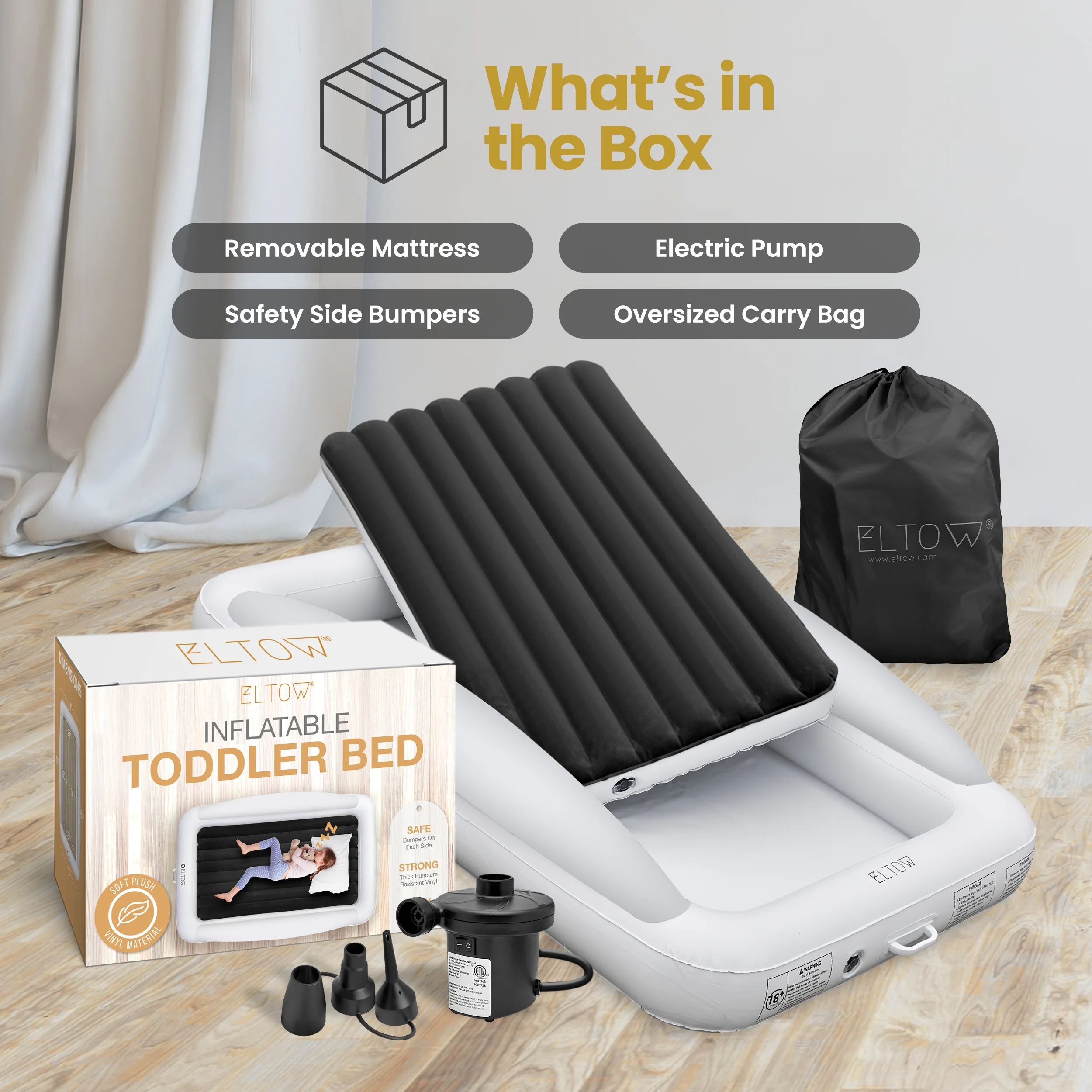 ELTOW Kids Air Mattress, Inflatable Portable Travel Toddler Bed, Blow Up Mattress with Air Pump and Travel Bag - Black - Image 7