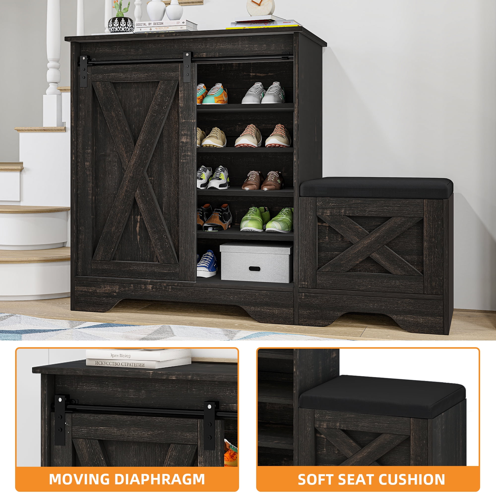 Uforic Shoe Cabinet with Sliding Door & Shoe Bench,Farmhouse Narrow Slim 5-Tier Adjustable Shoe Storage Organizer for 20 Pairs for Entryway, Foyer, Dark Rustic Oak - Image 5