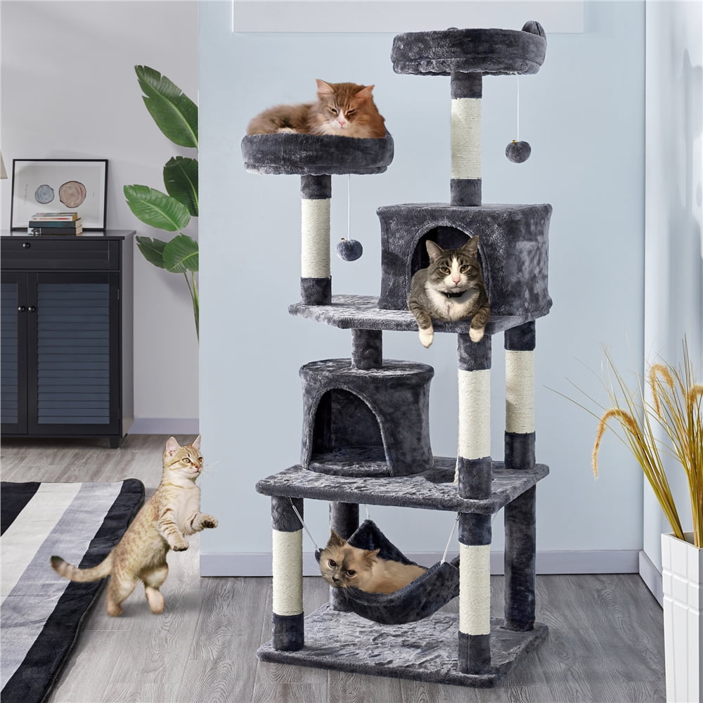Alden Design 62" Tall Double Condo Cat Tree and Scratching Post Tower, Dark Gray - Image 10