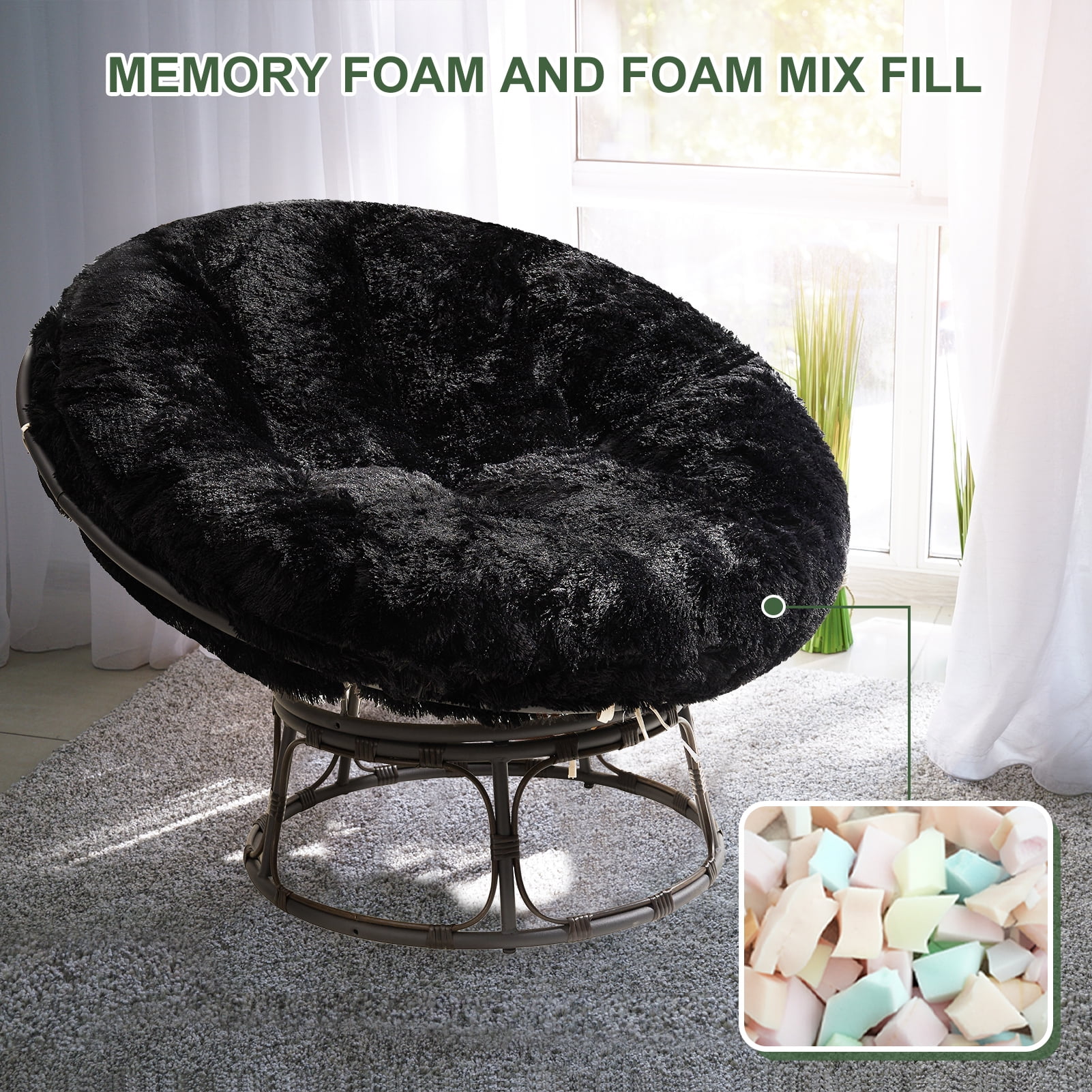 BYBYME Papasan Chair Cushion with Long Faux Fur Cover (Without Chair), 44X44 Inch Supportive Cushion, Fluffy and Furry Papasan Cushion Cover, Black - Image 6