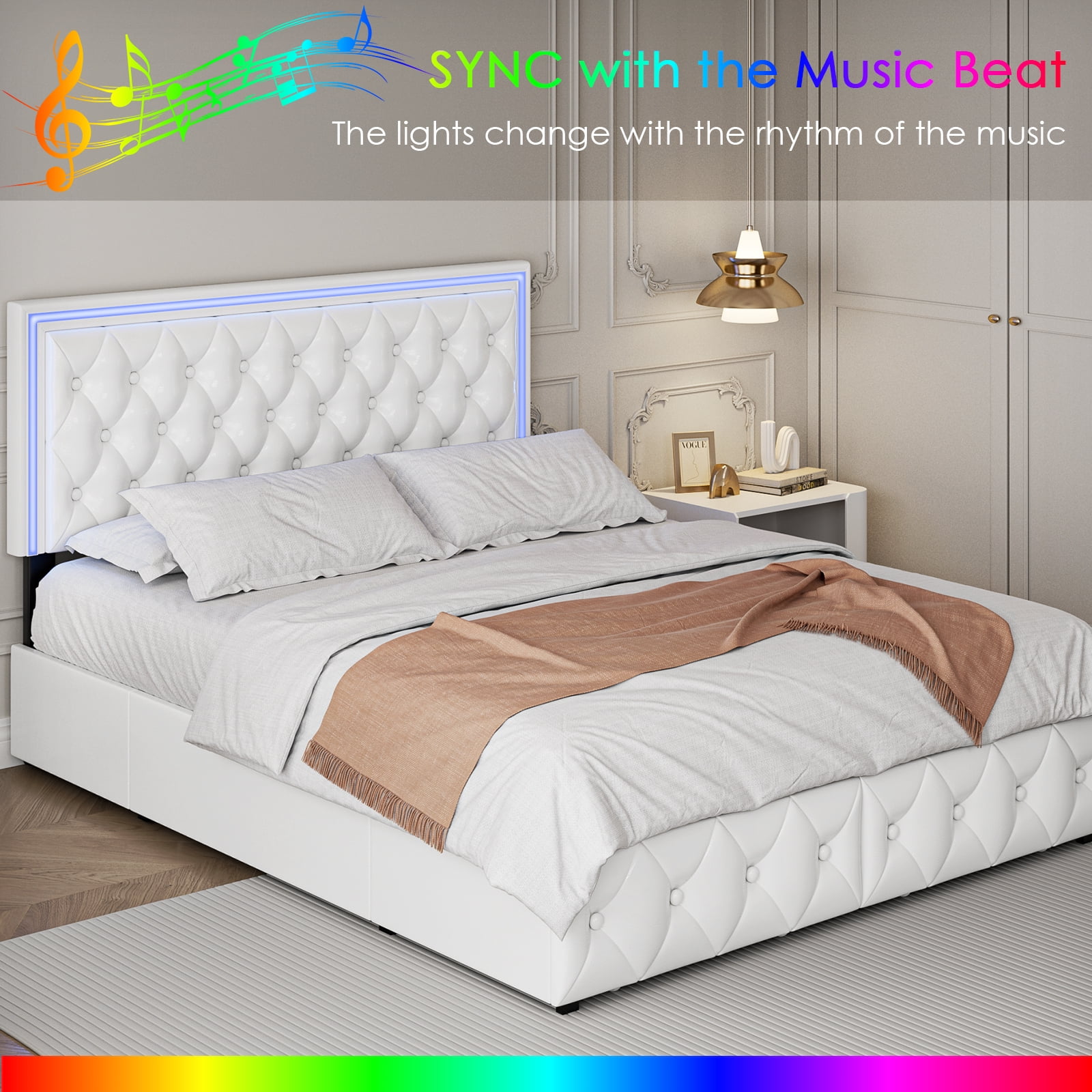 Homfa Queen LED Bed with 4 Drawers, LED Lights Platform Storage Bed Frame with Upholstered Adjustable Button Tufted Headboard, PU White - Image 8