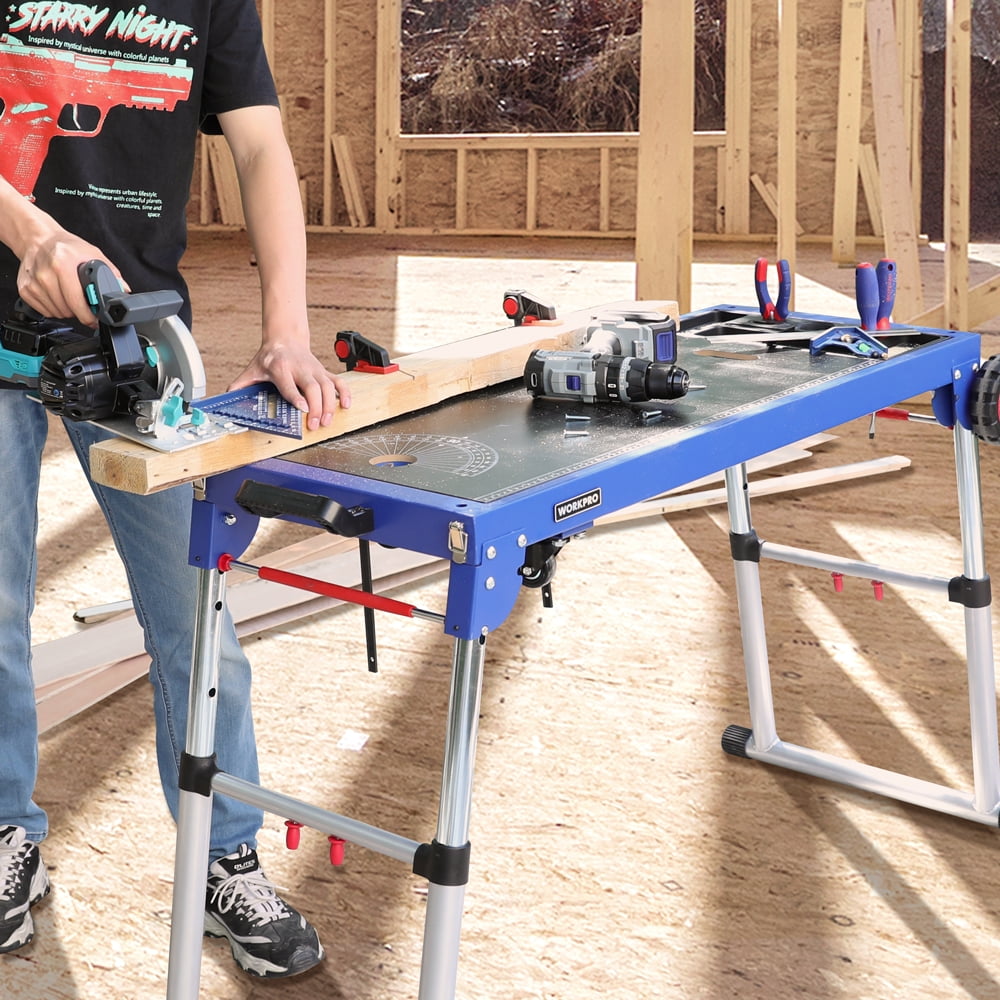 WORKPRO Miter Saw Stand, 4-in-1 Portable Workbench, Quick Folding Work Table with Detachable Miter Saw Stand & Height Adjustable Legs, Scaffold/Dolly/Creeper/Platform for Woodworking, Repair, Masonry - Image 8