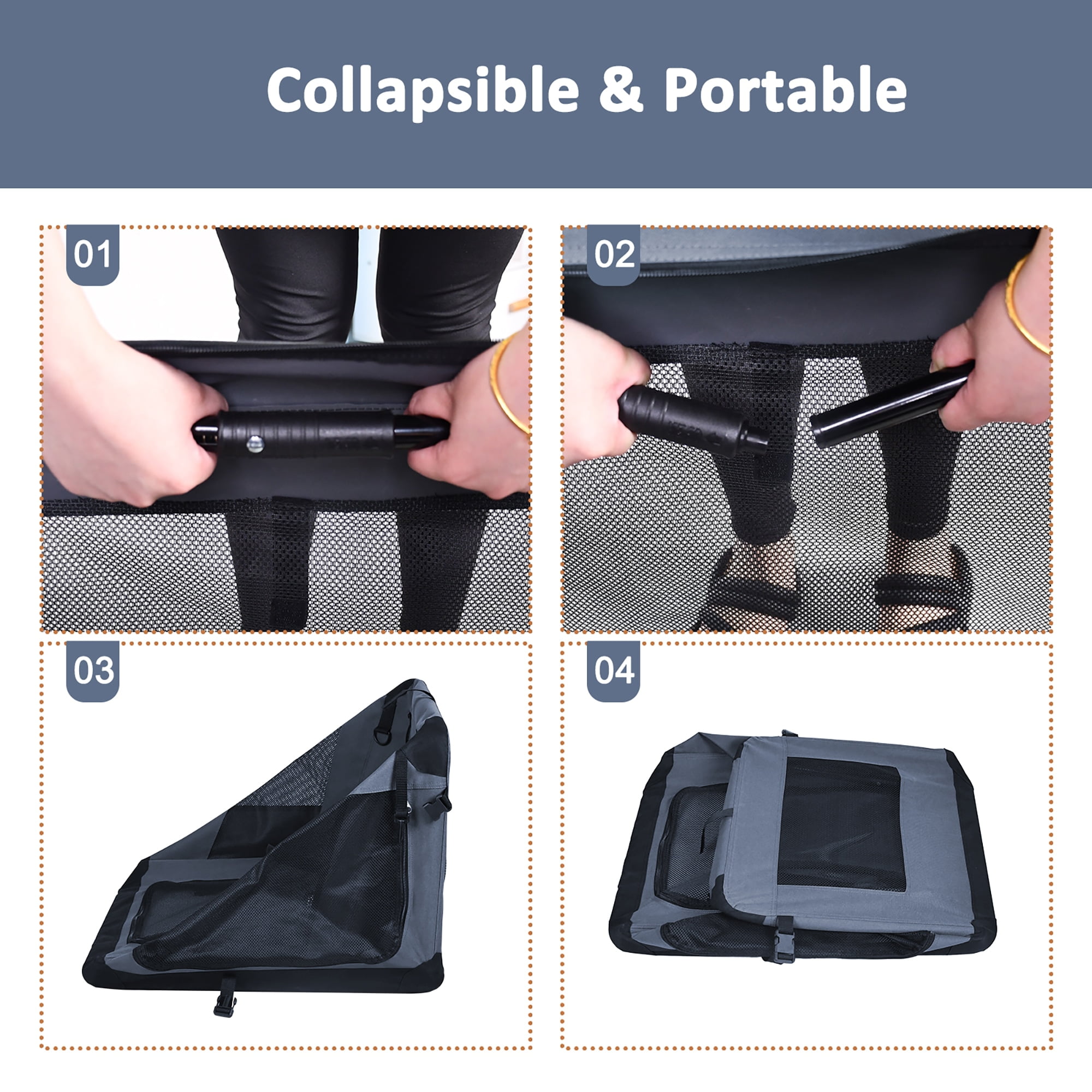 JESPET & GOOPAWS: 27" Soft Pet Crate - Grey - Dogs & Cats Up to 35 lbs, 3 Door Folding Kennel, Indoor Outdoor Travel Carrier, Mesh Windows, Fleece Mat - Image 6