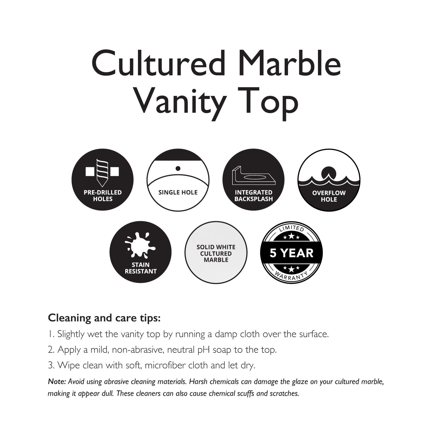 Design House Cultured Marble 31" x 22" Single Bowl Vanity Top with Single-Hole Mount and Backsplash, White - Image 5