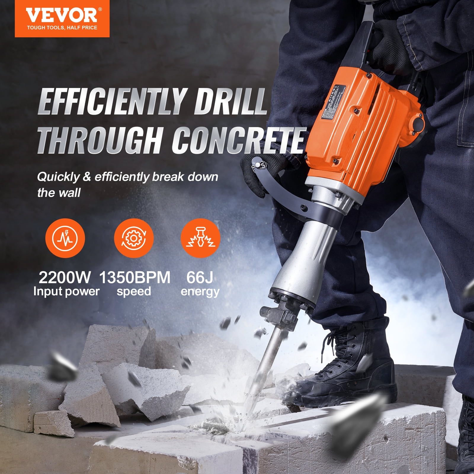VEVOR Demolition Jack Hammer Concrete Breaker 2200W Electric Hammer 2 Chisel Bits - Image 2