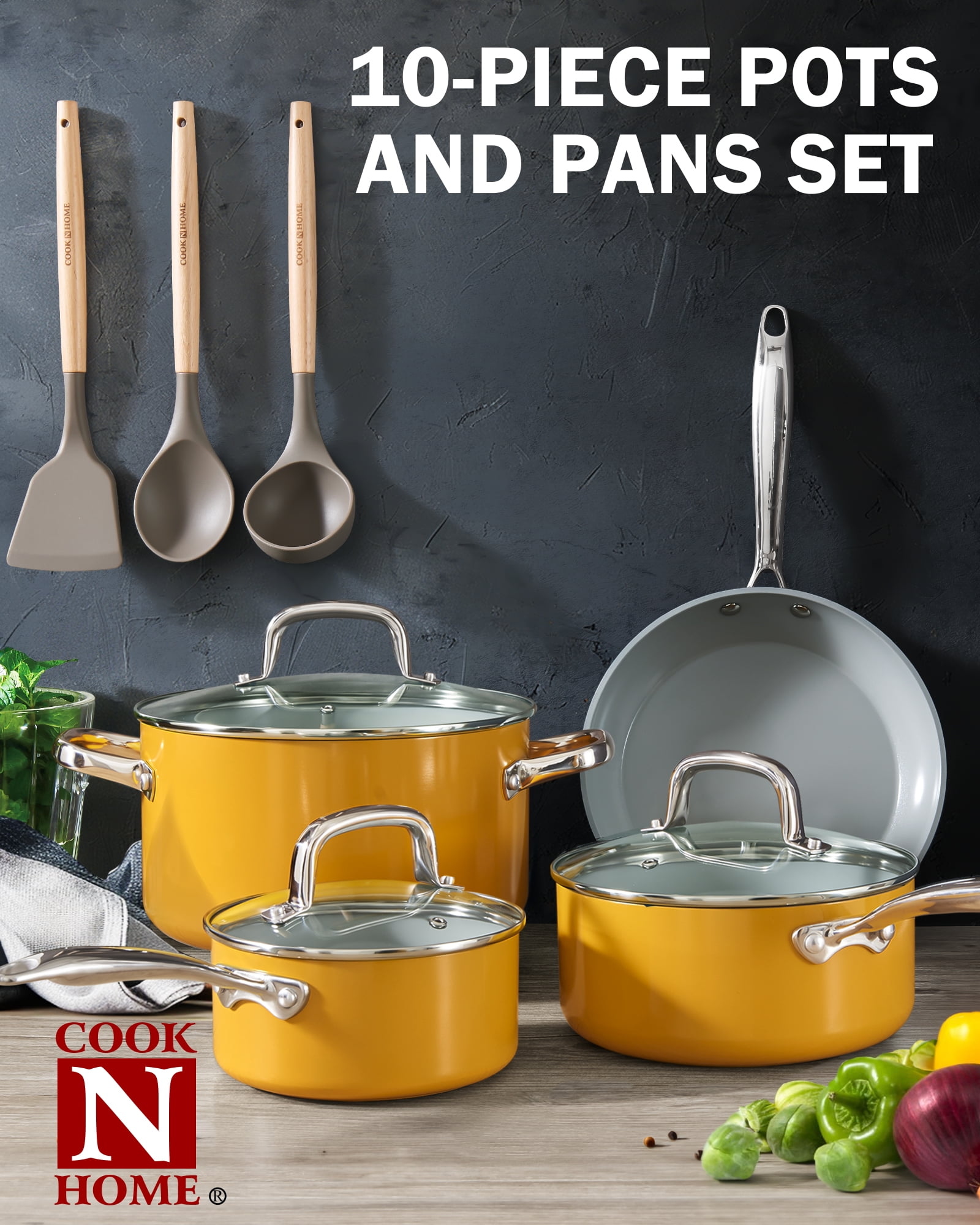 Cook N Home Pots and Pans Set Non Stick, 10-Piece Hard Anodized Nonstick Healthy Ceramic Cookware Set, Induction Cookware Cooking Set with Stay-Cool Handles, Nylon Kitchen Utensils, Oven Safe, Yellow - Image 6