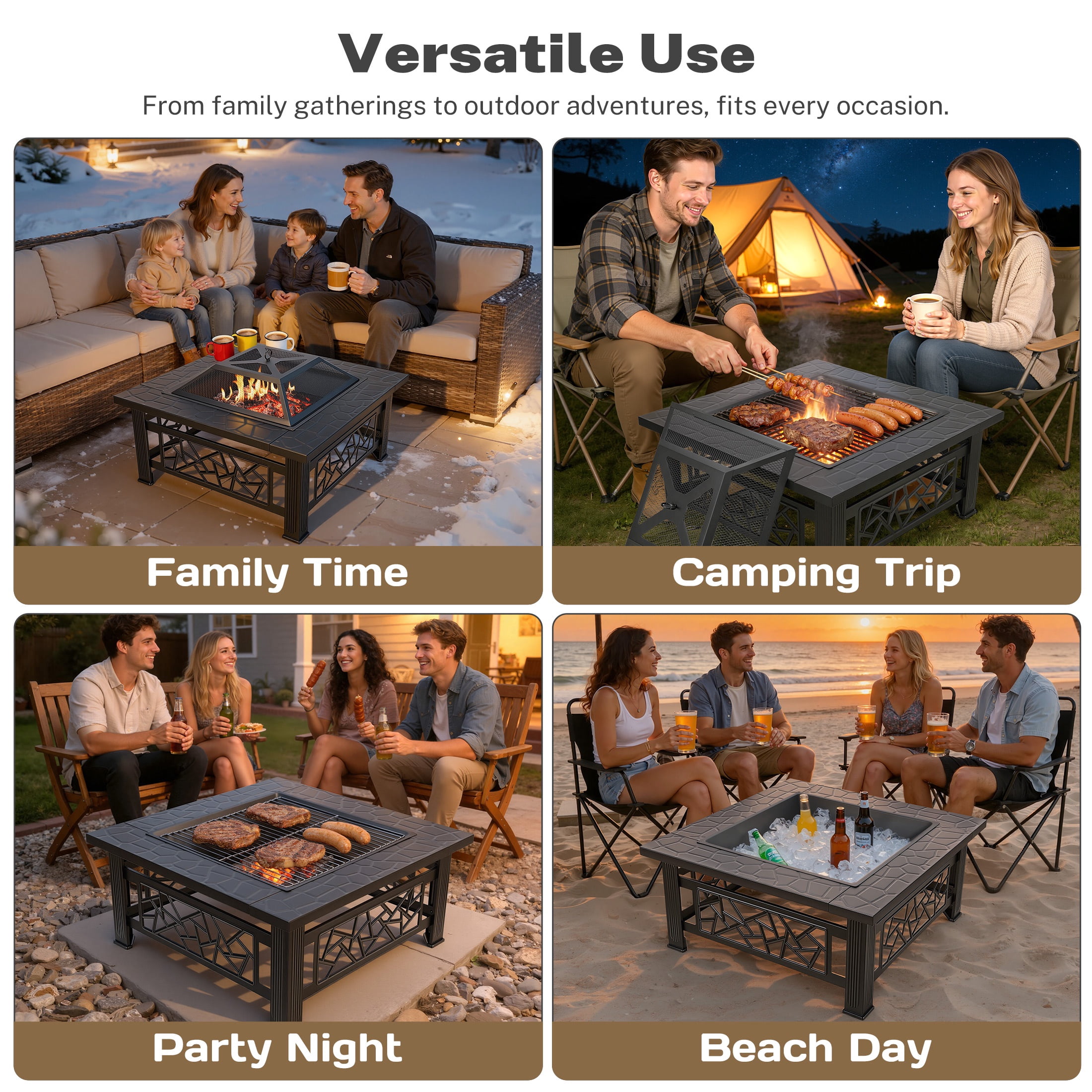 32" Fire Pit Table, UHOMEPRO 3-in-1 Outdoor Fire Pit with BBQ Grill, Mesh Lid & Cover, Modern Metal Square Wood Burning Fire Pit for Outside, Backyard, Patio & Camping - Image 8