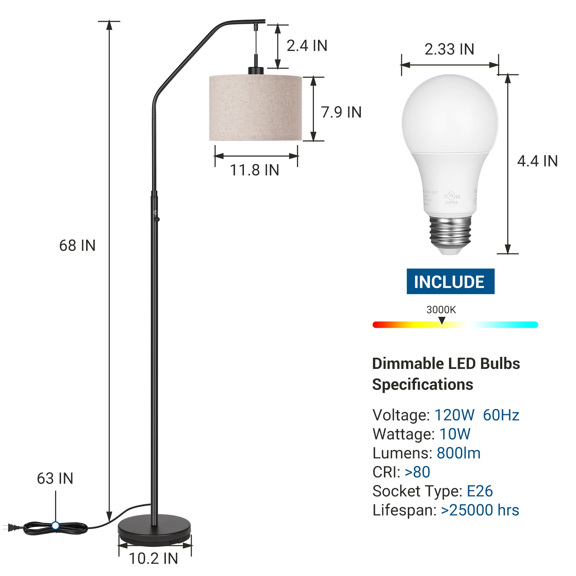 DEWENWILS Modern Arc Floor Lamps for Living Room, Dimmable Standing Lamp with Rotary Switch for Bedroom, LED Bulb Included, Adjustable Lampshade - Image 2