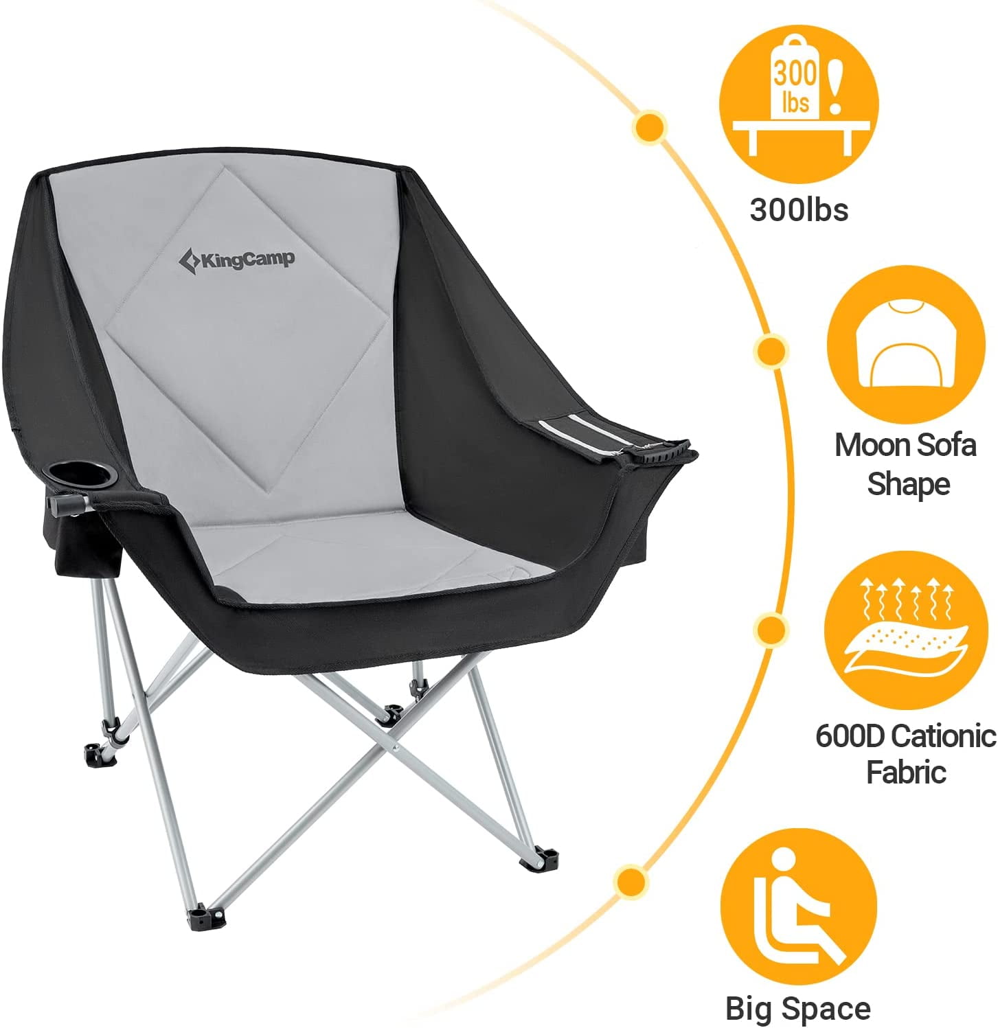 KingCamp Oversized Fully Padded Camping Chair for Adults, Support 330lbs Outdoor Folding Camping Sofa Chair with Pocket, Heavy Duty Folding Round Camping Chair, Black Light Grey - Image 9