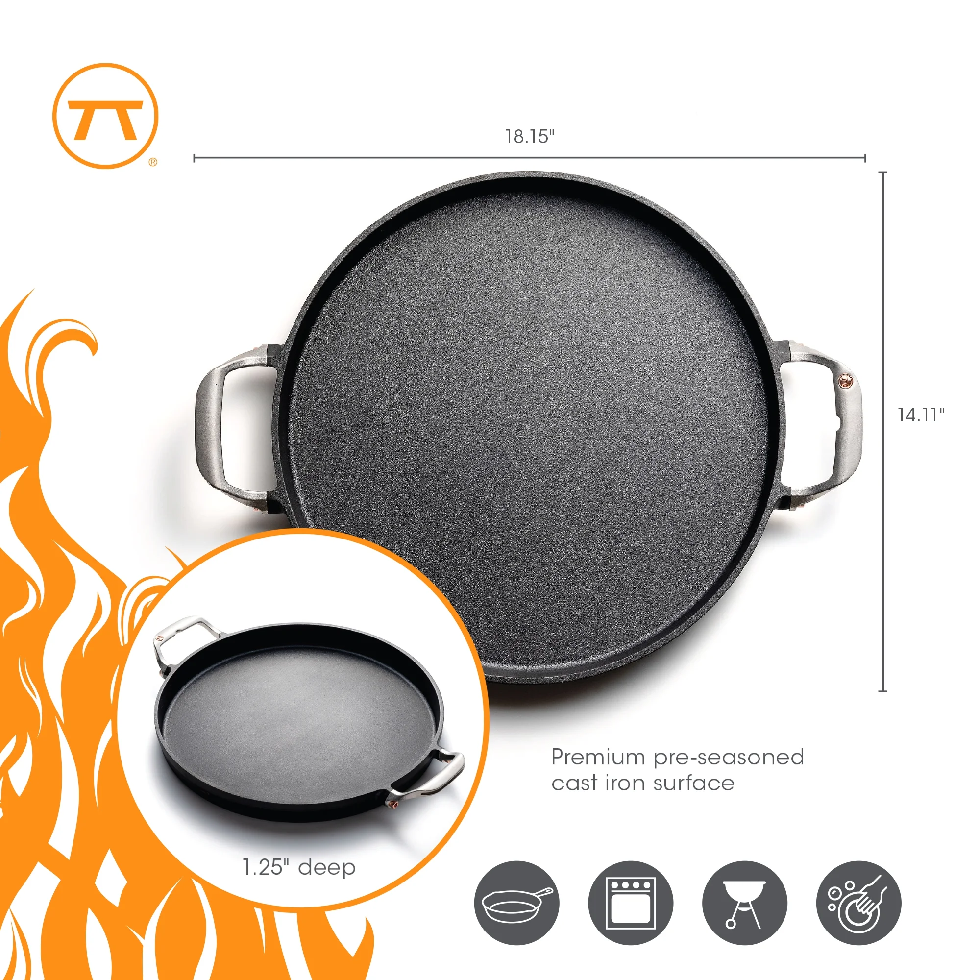 Outset 18.15 in Round Oven-safe Cast Iron Grill Pan - Image 8