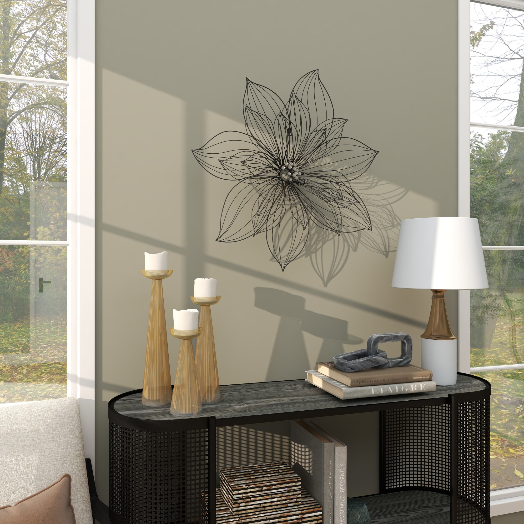 DecMode Modern Black Metal Hibiscus Flower Wall Décor with Crystal Embellshments, 26"W x 26"H - Image 7