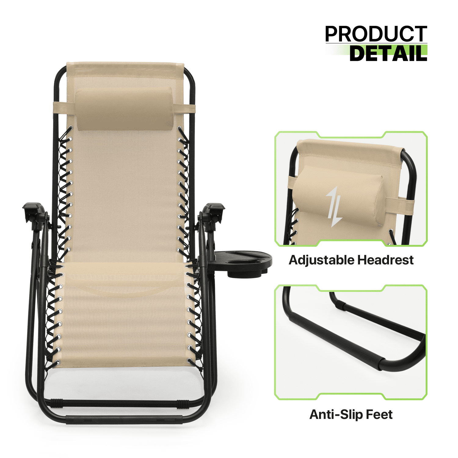 Magshion Outdoor Zero Gravity Chairs Set of 3, Adjustable & Folding Patio Reclining Lounge Chair, Zero-Gravity Camping Lounge Chair with Side Table, Cup Holder, Pillow, Cream - Image 4