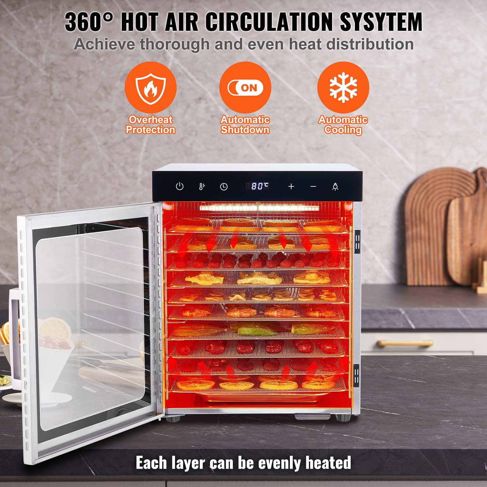 KFFKFF 10 Tray Food Dehydrator Machine, Made of Stainless Steel, 800W Power, Ideal for Drying Jerky and Fruits - Image 4