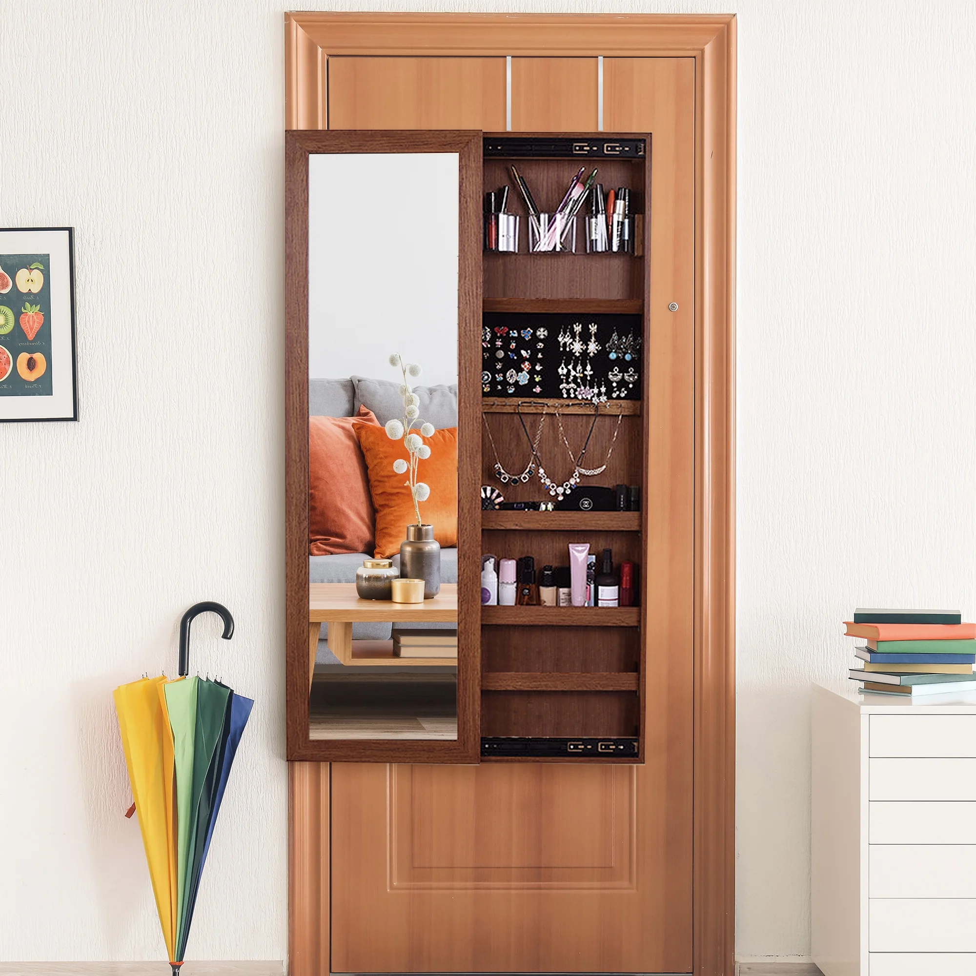 Over-The-Door Mirror, Lockable Jewelry Cabinet Armoire, Brown by Boho - Image 6