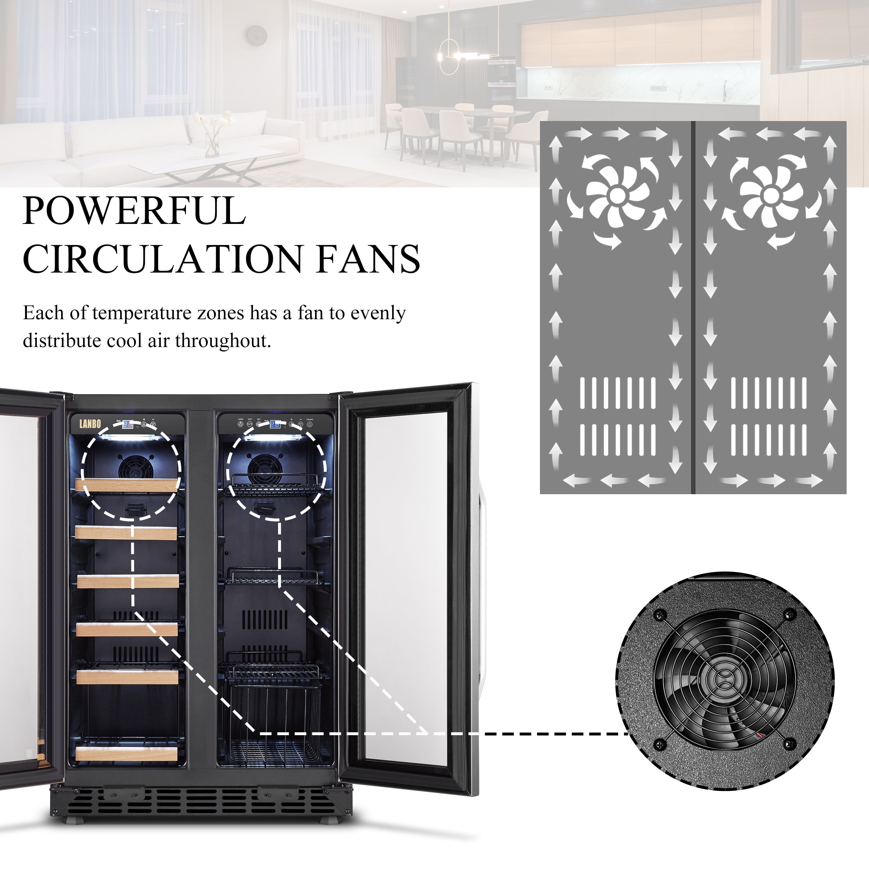 Lanbo 24 inch 18 Bottle 55 Cans Under Counter Dual Zone Wine Cooler Beverage Refrigerator - Image 8