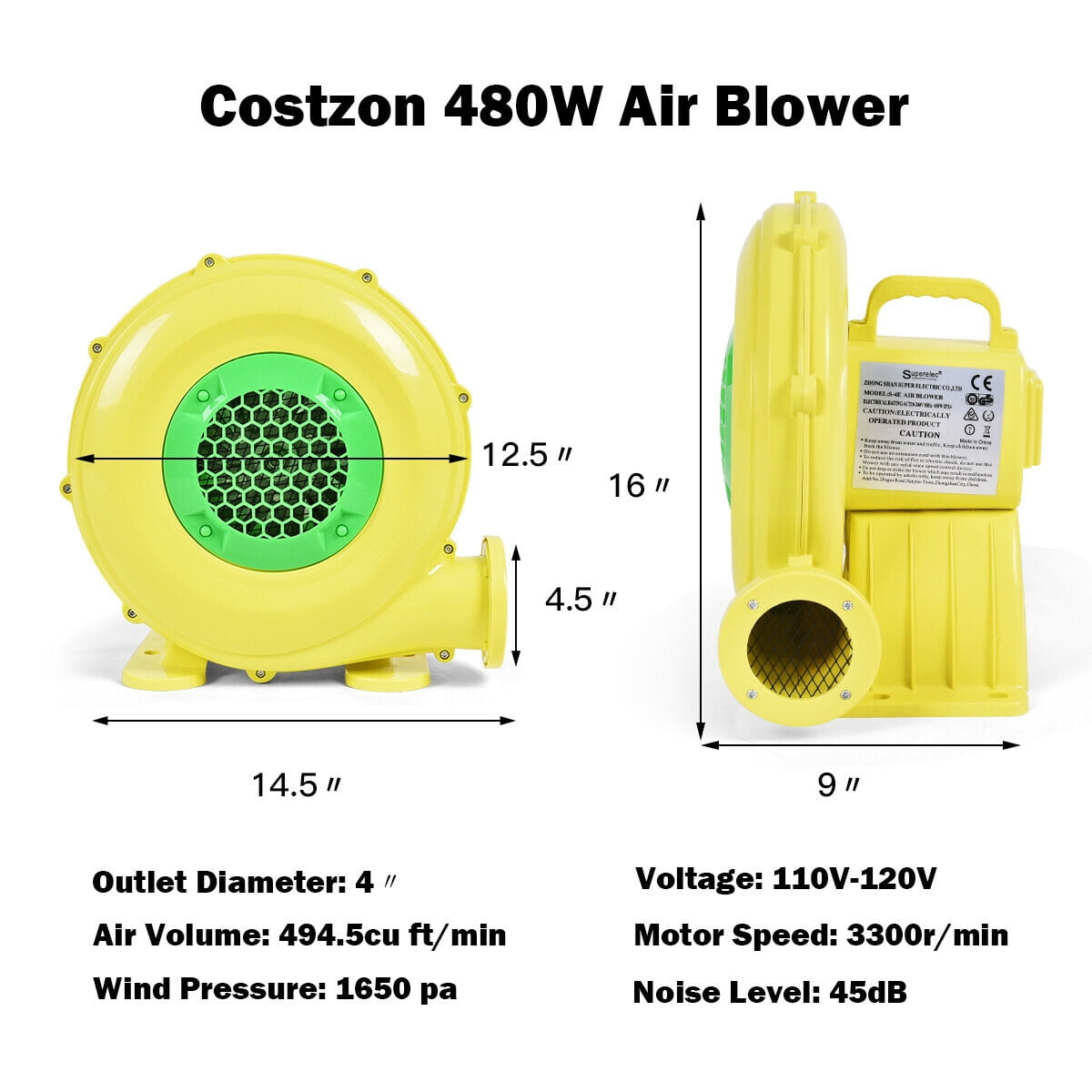 Costway Air Blower Pump Fan 480 Watt 0.6HP For Inflatable Bounce House Bouncy Castle - Image 9