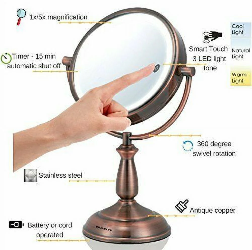 OVENTE 8.5'' Lighted Tabletop Bathroom Vanity Mirror, 1X 5X Magnifier, Copper MPT85CO1X5X - Image 3