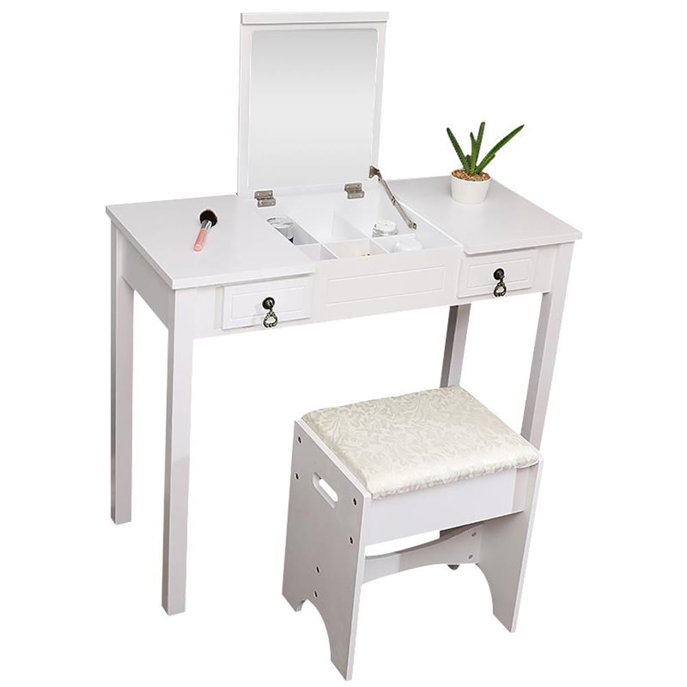 Ktaxon Vanity Set,Flip-top Mirror Dressing Table Makeup Vanity Table Writing Desk with 2 Drawers and Stool, White - Image 6