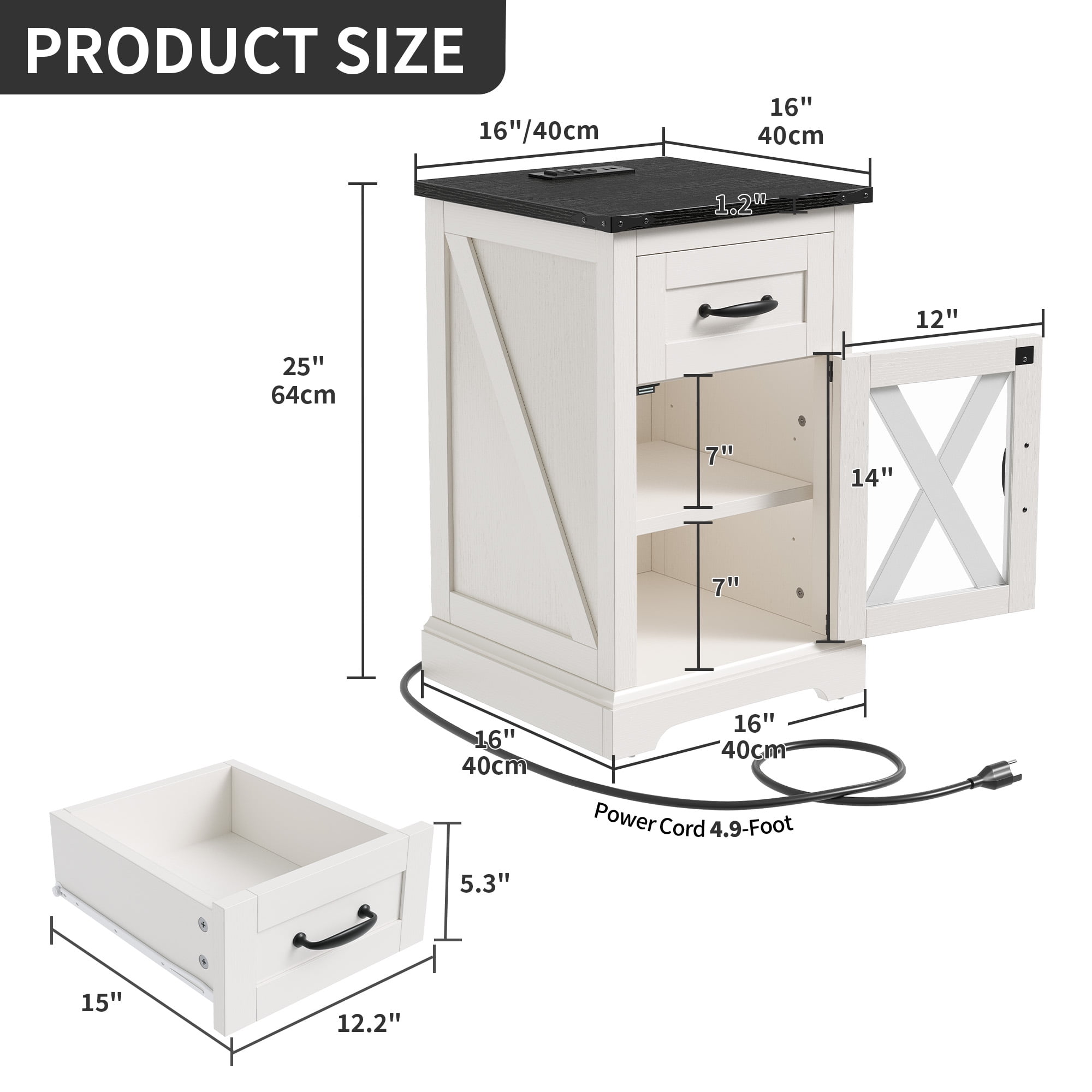 DEXTRUS Farmhouse Nightstand End Table with Charging Station and LED Lights, Side Table with Door & Storage Shelf Nightstand for Living Room Bedroom - White - Image 11