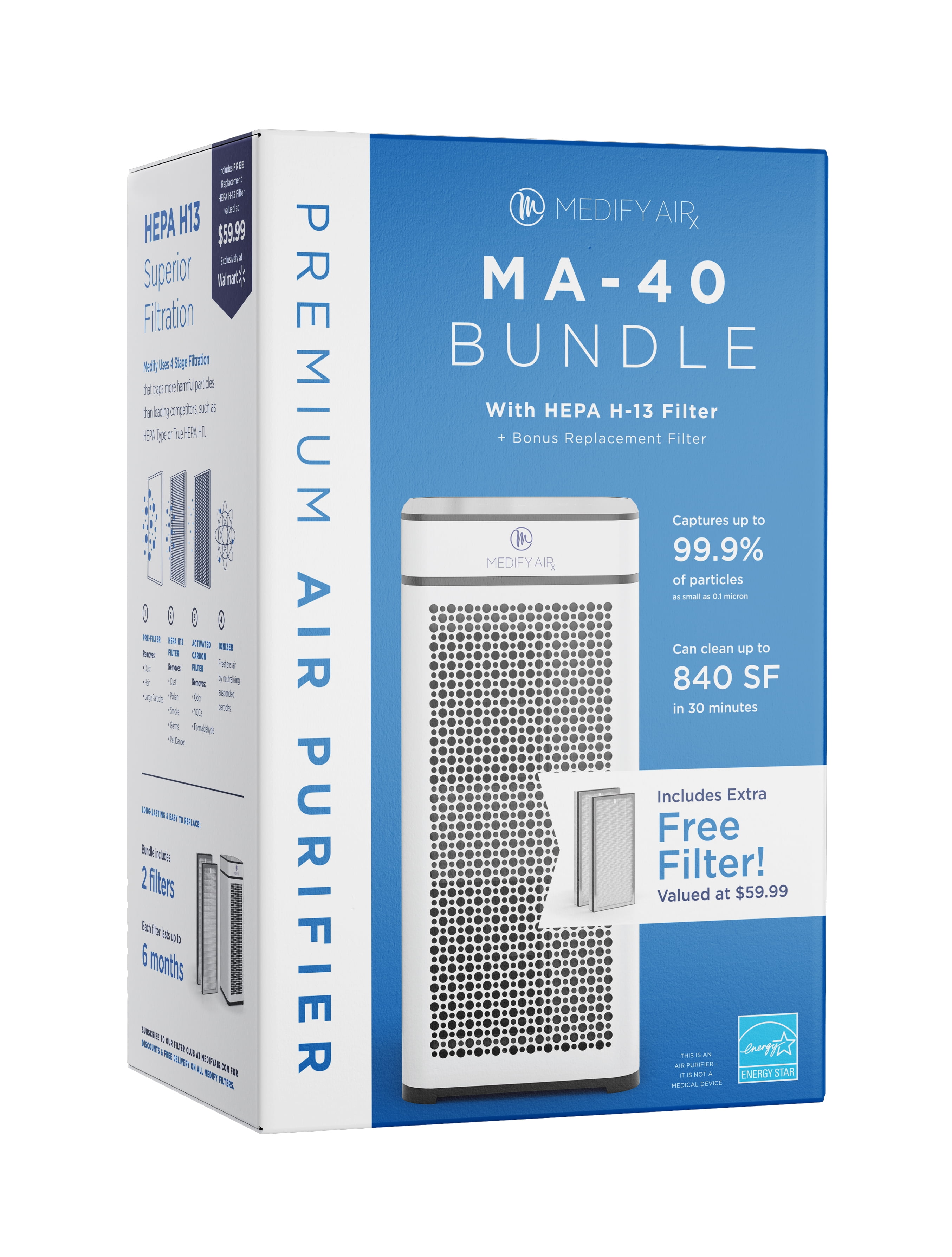 Medify Air White MA-40 Air Purifier w/ HEPA Filters I Smoke Dust Odors Pet Dander 3 in 1 w/ Pre-filter HEPA H13 & Activated Carbon I Removal of 0.1 to 0.3 microns I 1,793 Sq ft Coverage I Value Pack - Image 2