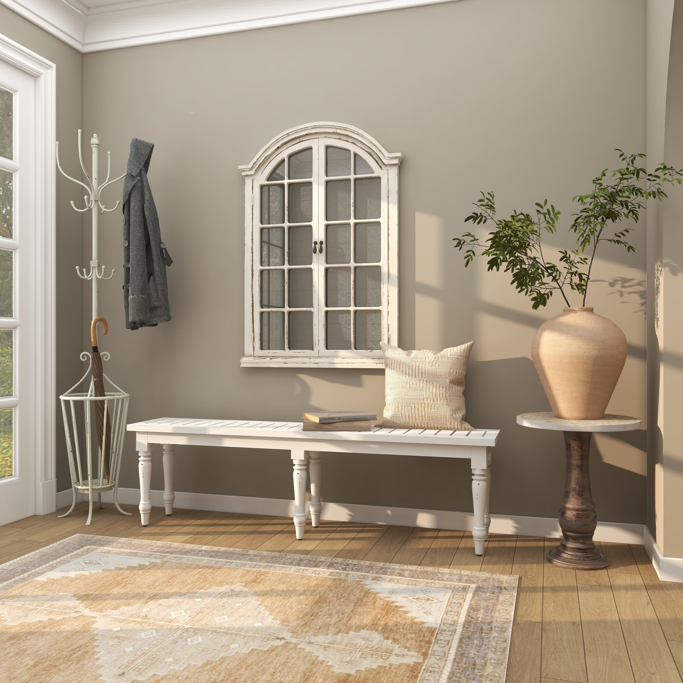 DecMode Wood Extra Long Distressed Slatted Bench with Turned Legs, White - Image 3