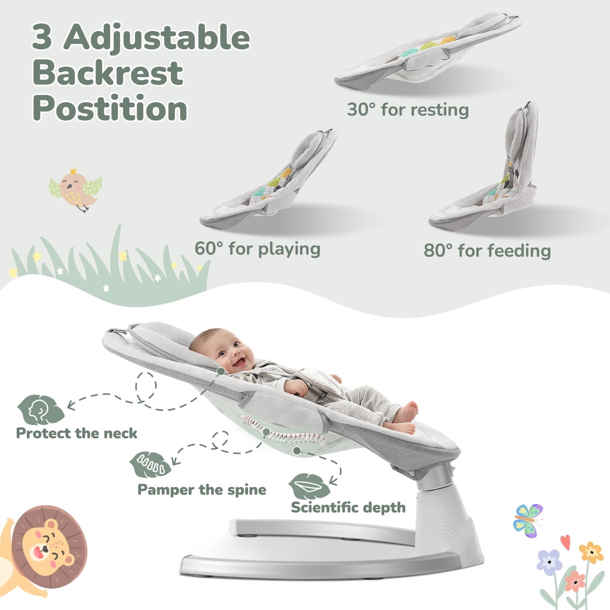 Baby Swing for Infants, Caveen Baby Rocker with Dinner Plate, 5 Swing Speeds, Adapter Battery Operated, Indoor,Outdoor, Grey - Image 4