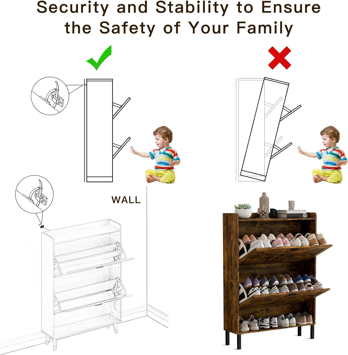 Vinform Farmhouse Shoe Storage Cabinet with 2 Flip Drawers for Entryway, Slim Wood Shoe Cabinet, Freestanding Narrow Shoe Rack Organizer with Metal Legs for Hallway Living Room (Rustic Brown) - Image 4