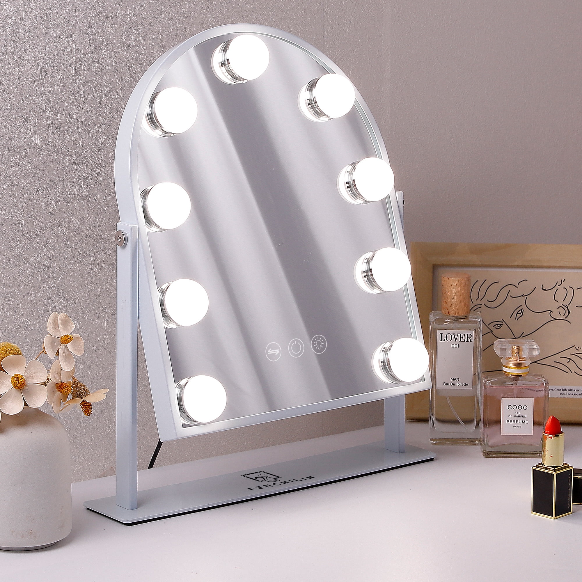 Fenchilin 12''x14'' Arch Vanity Makeup Mirror with Lights Metal Tabletop White - Image 11