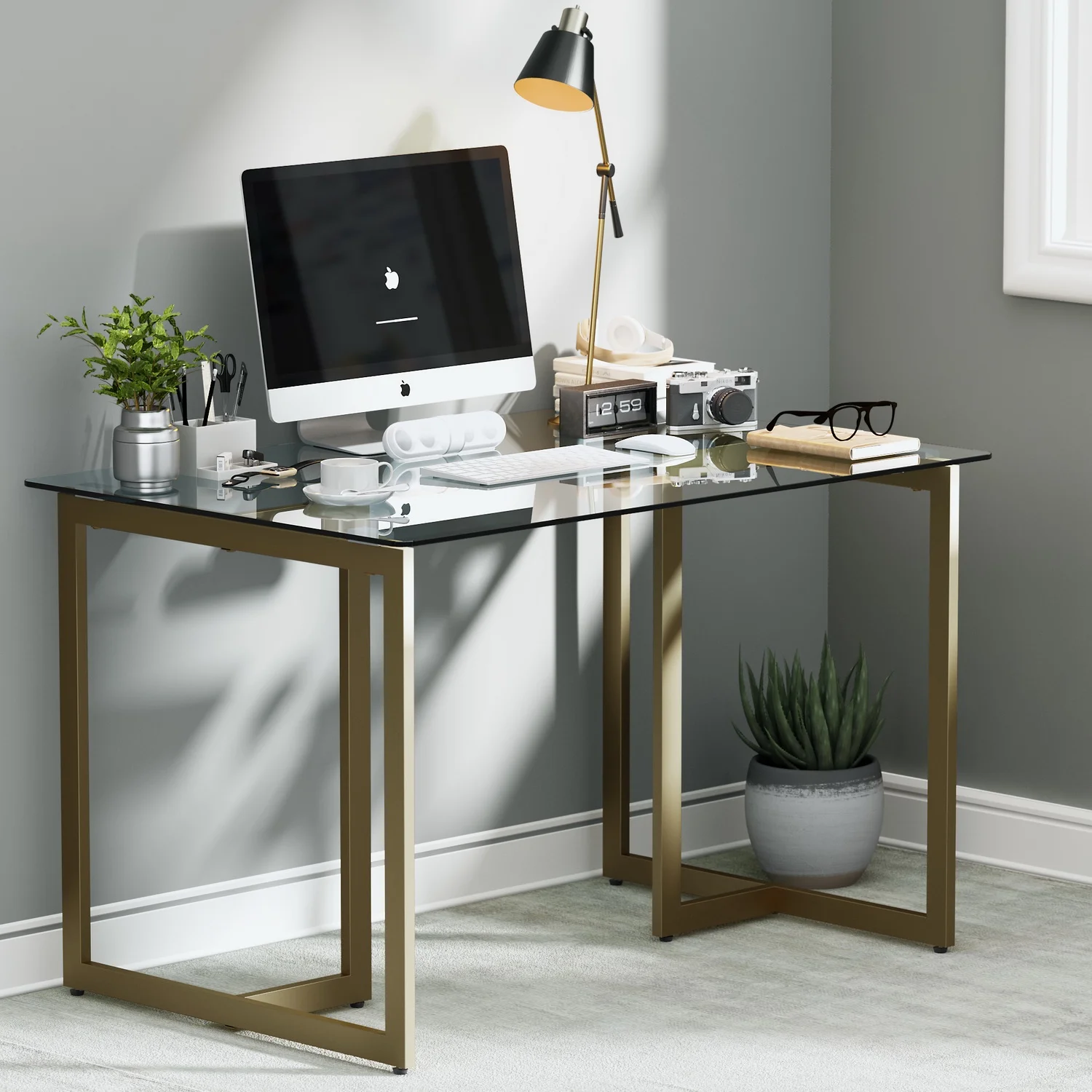 Homy Casa 47.2-inch Writing Desk with Tempered Glass Top Computer Desk for Home Office, Living Room - Image 2