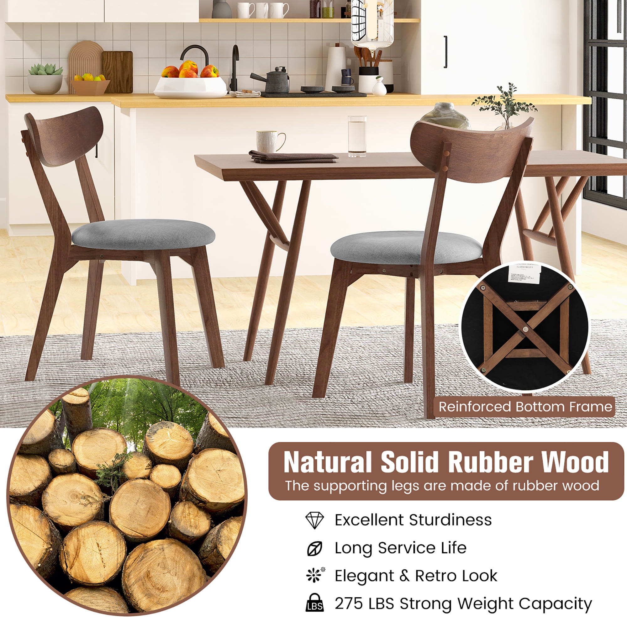 Costway Set of 2 Dining Chair Upholstered Curved Back Side Chair with Solid Wooden Legs - Image 4