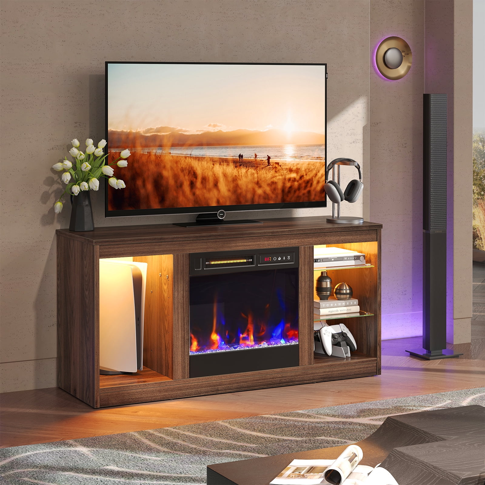 Bestier Modern Electric Fireplace TV Stand for TVs up to 55", with LED and Glass Shelves, Walnut - Image 3