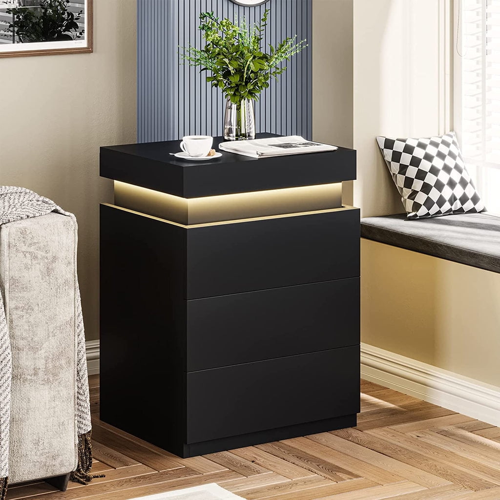 MONVANE Modern LED Nightstand with 3 Drawers , Black Nightstand Bedside Table Storage with Drawer Charging Station for Bedroom - Image 4