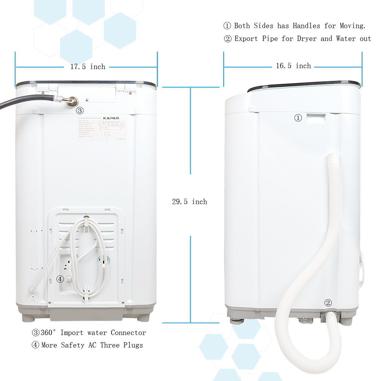 Compact Washing Machine, KAPAS Fully Automatic 2-in-1 Washer & Dryer Machine with 8 lbs. Capacity Top Load Tub Washer in White - Image 7