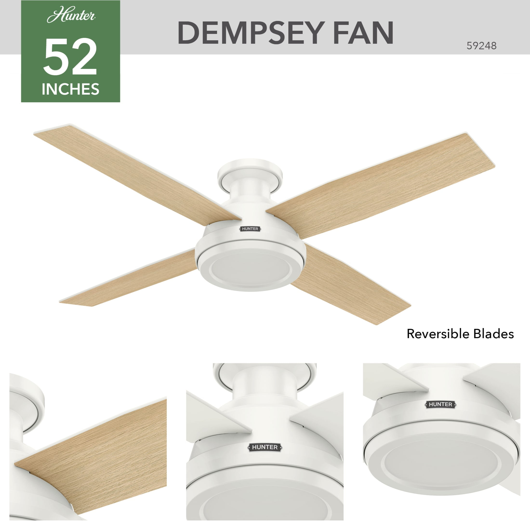 Hunter - Dempsey Indoor Low Profile Ceiling Fan, Remote, 52-inch, Fresh White, Modern-style, 3-speed WhisperWind Motor, 59248, for Living Rooms, Bedrooms - Image 11