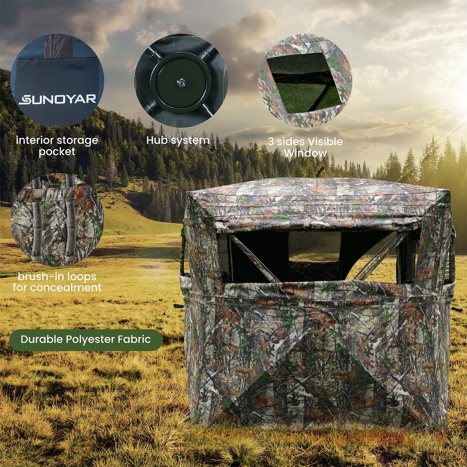 SUNOYAR Hunting Blind, 270° See Through Ground Blind, 2-3 Person 200D Pop up Hunting Tent, Portable Deer Blind with Carrying Bag&Silent Window for Deer and Turkey Hunting, Camouflage - Image 5