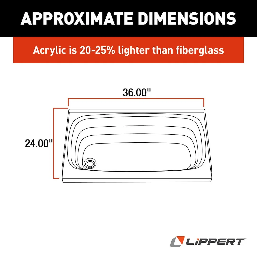 Lippert 209372 Better Bath RV Bath Tub 24" x 36" Left Hand Drain Parchment - Image 6