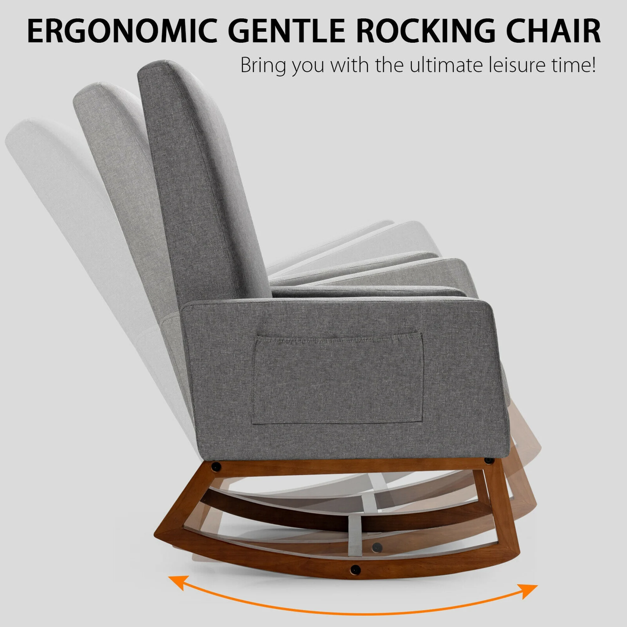 Gymax Rocking Chair High Back Upholstered Lounge Armchair w/ Side Pocket Grey - Image 10