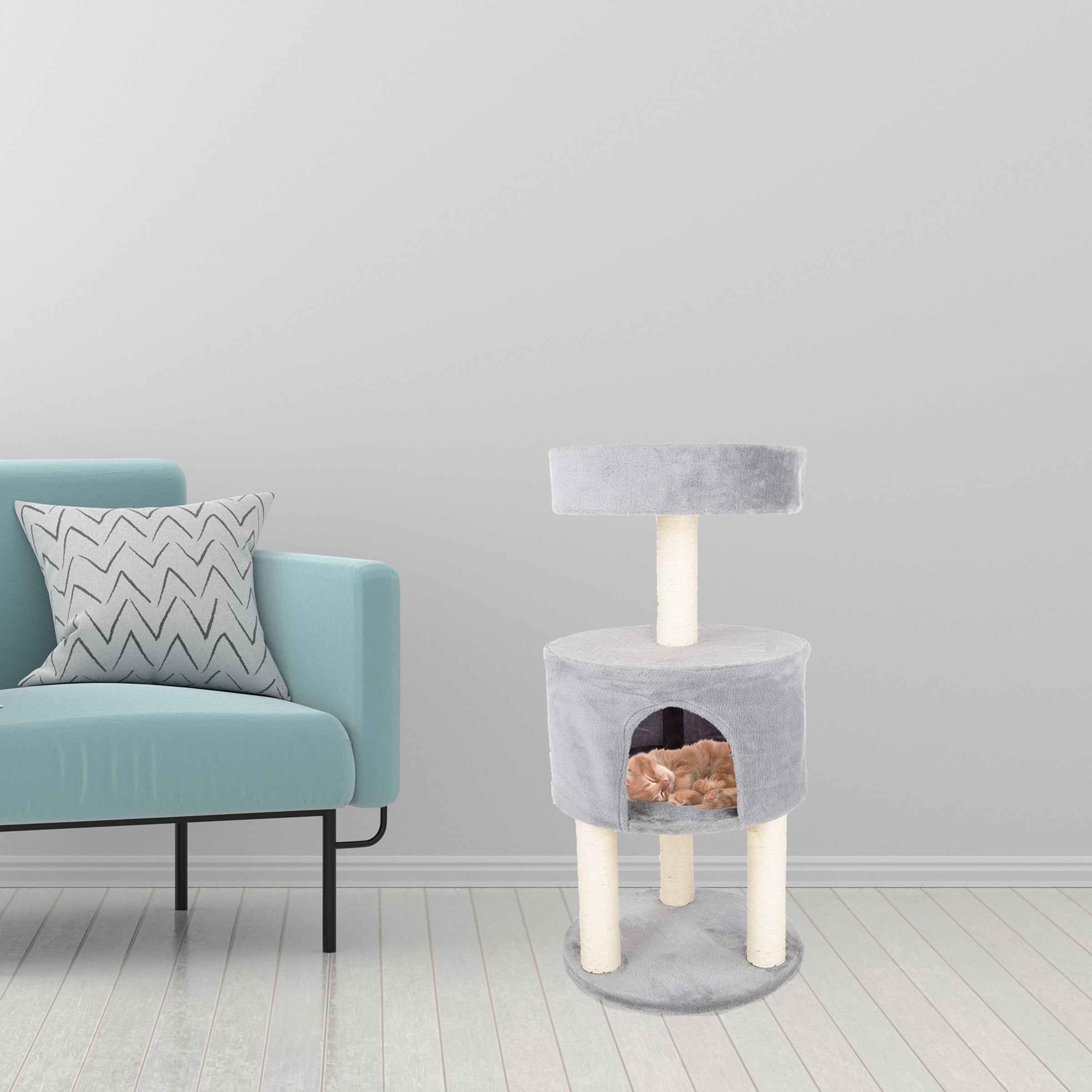 Yippy 2-Tier Kitty Cat Condo with Overhead Balcony - Gray and White - Image 6