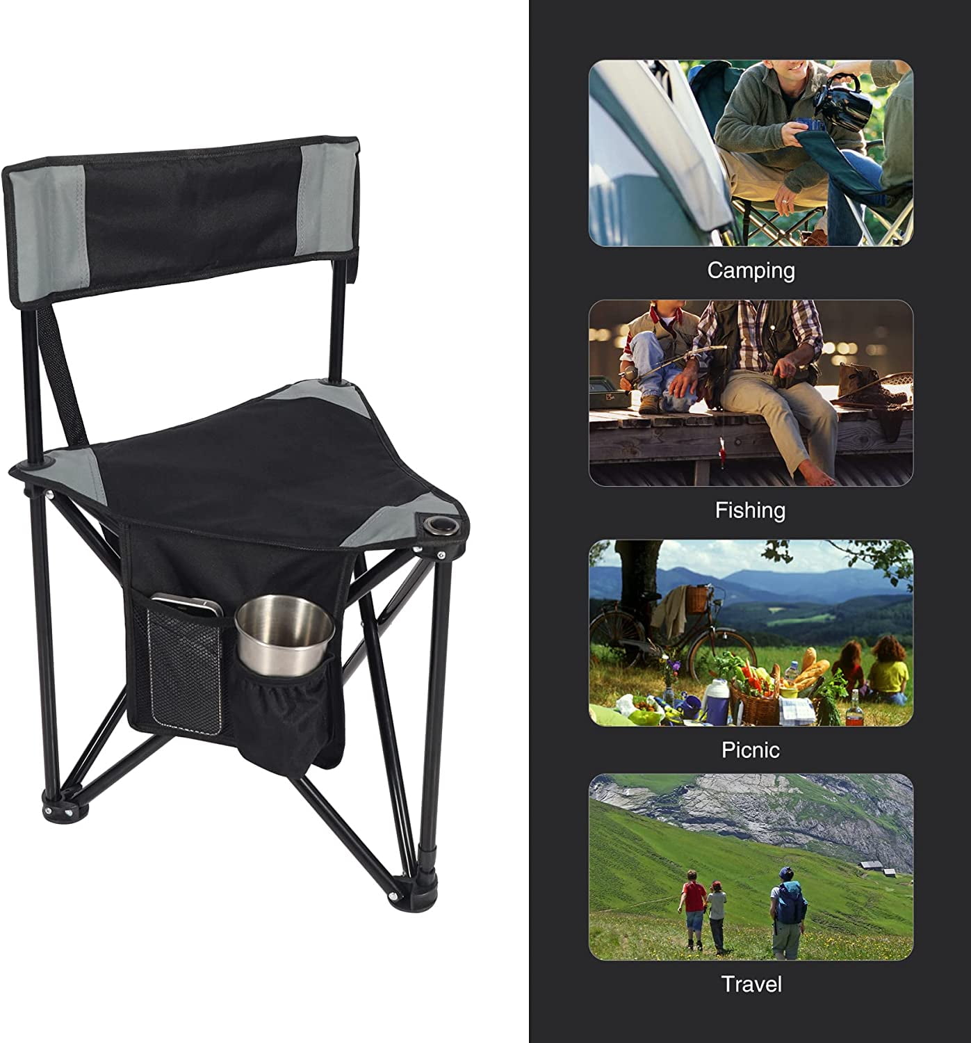 REDCAMP 2-Pack Tripod Chairs Folding, Lightweight Portable Tripod Seat Stool with Back, Small Camping Chairs for Adults Outdoor Backpacking, Black - Image 7