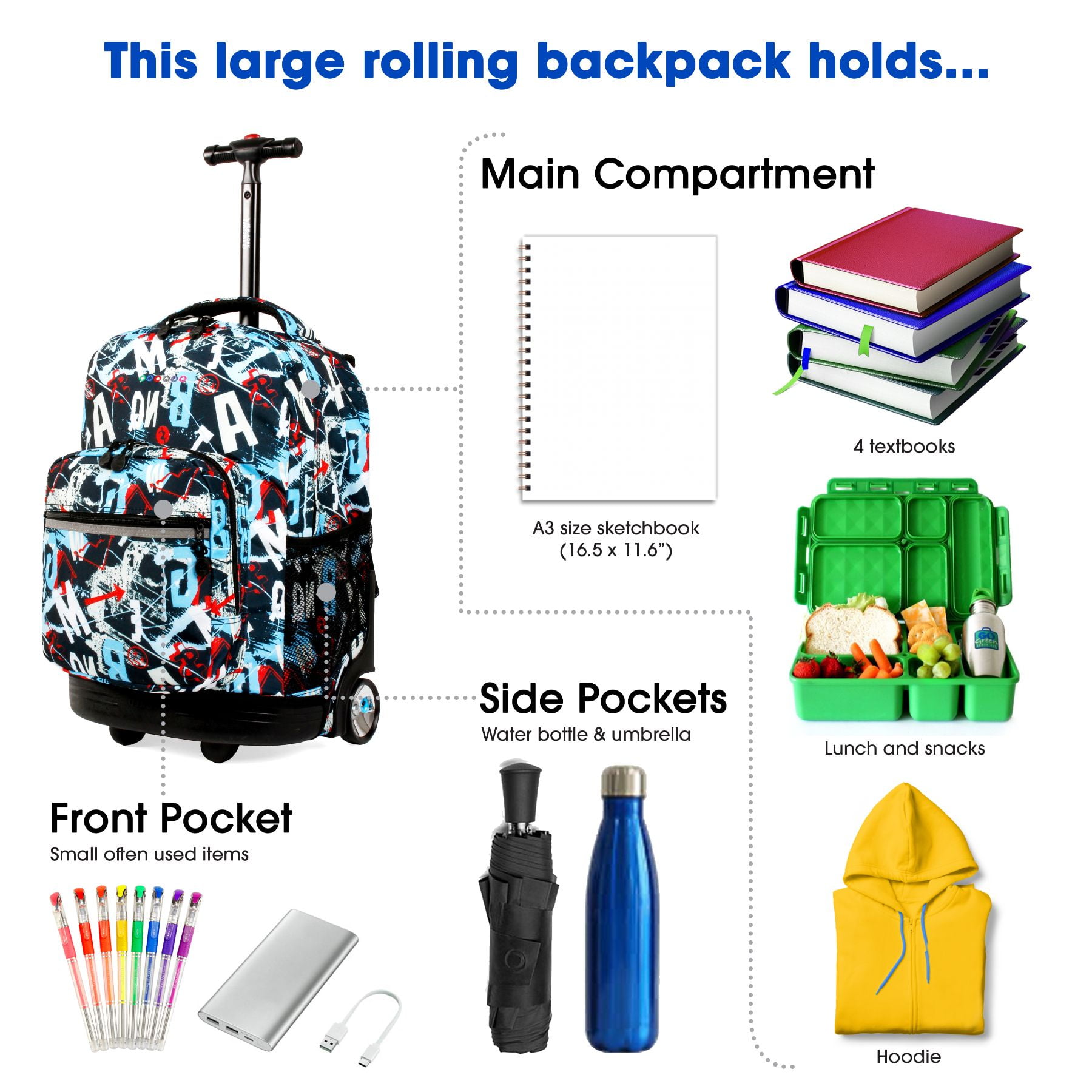 J World Boys and Girls Sunrise 18" Rolling Backpack for School and Travel, Graffiti - Image 2