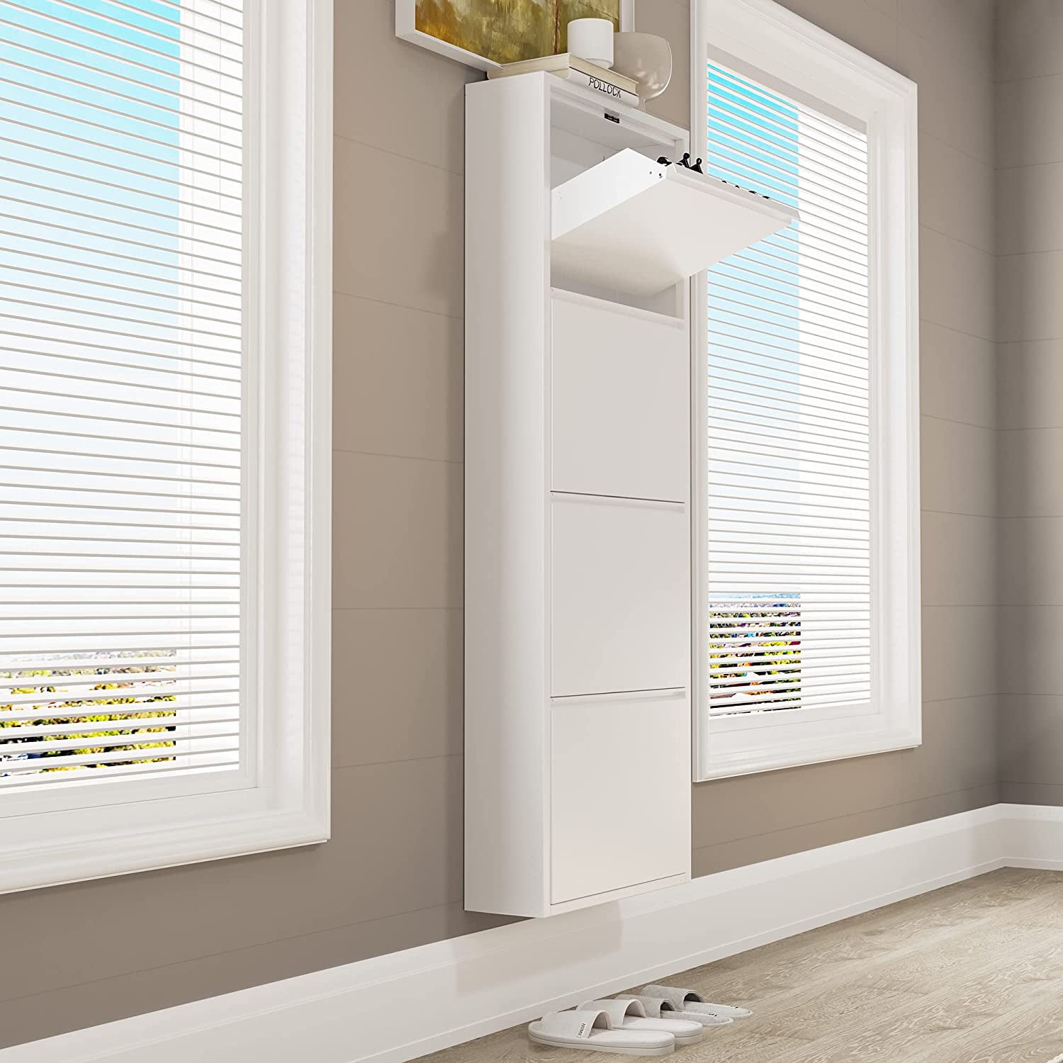 YITAHOME Metal Shoe Cabinet with 4 Flip Drawers, Wall Mounted & No-Assembly Steel Shoe Storage Cabinet, Steel Cabinet with Magnetic Gooseneck Drawer for Entryway, Hallway, and Corridor - Image 4