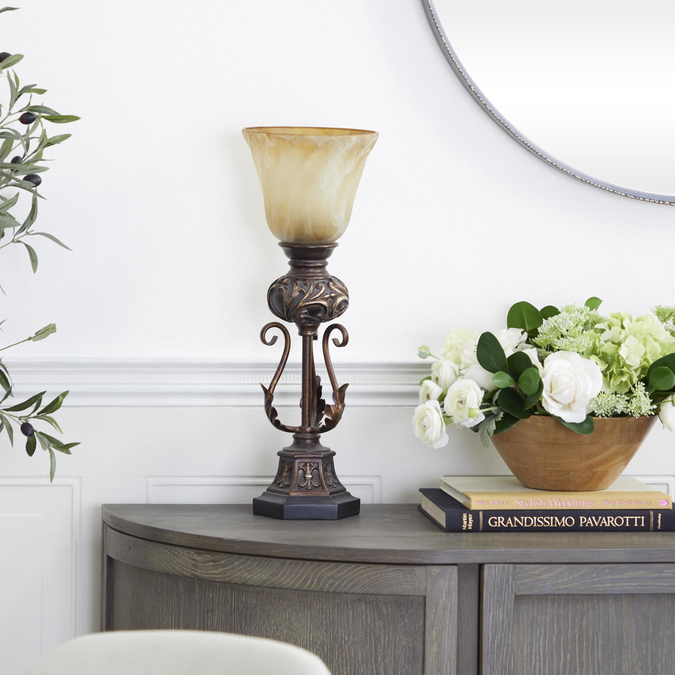 DecMode 20" Antique Style Scroll Brown Uplight with Beige Glass Shade - Image 7